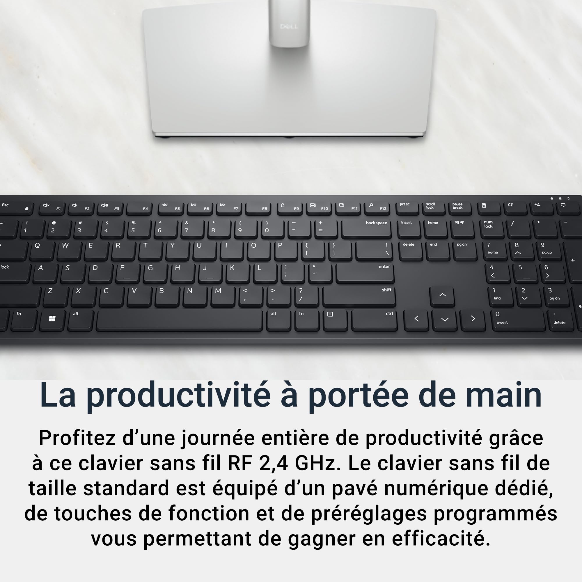 Clavier Dell Pro KB500 – sans Fil, AZERTY Français, 2.4 GHz, 12 Touches Programmables, Pavé Numérique, Autonomie 36 Mois, Clavier Silencieux, Sécurité AES 128 Bits, Noir