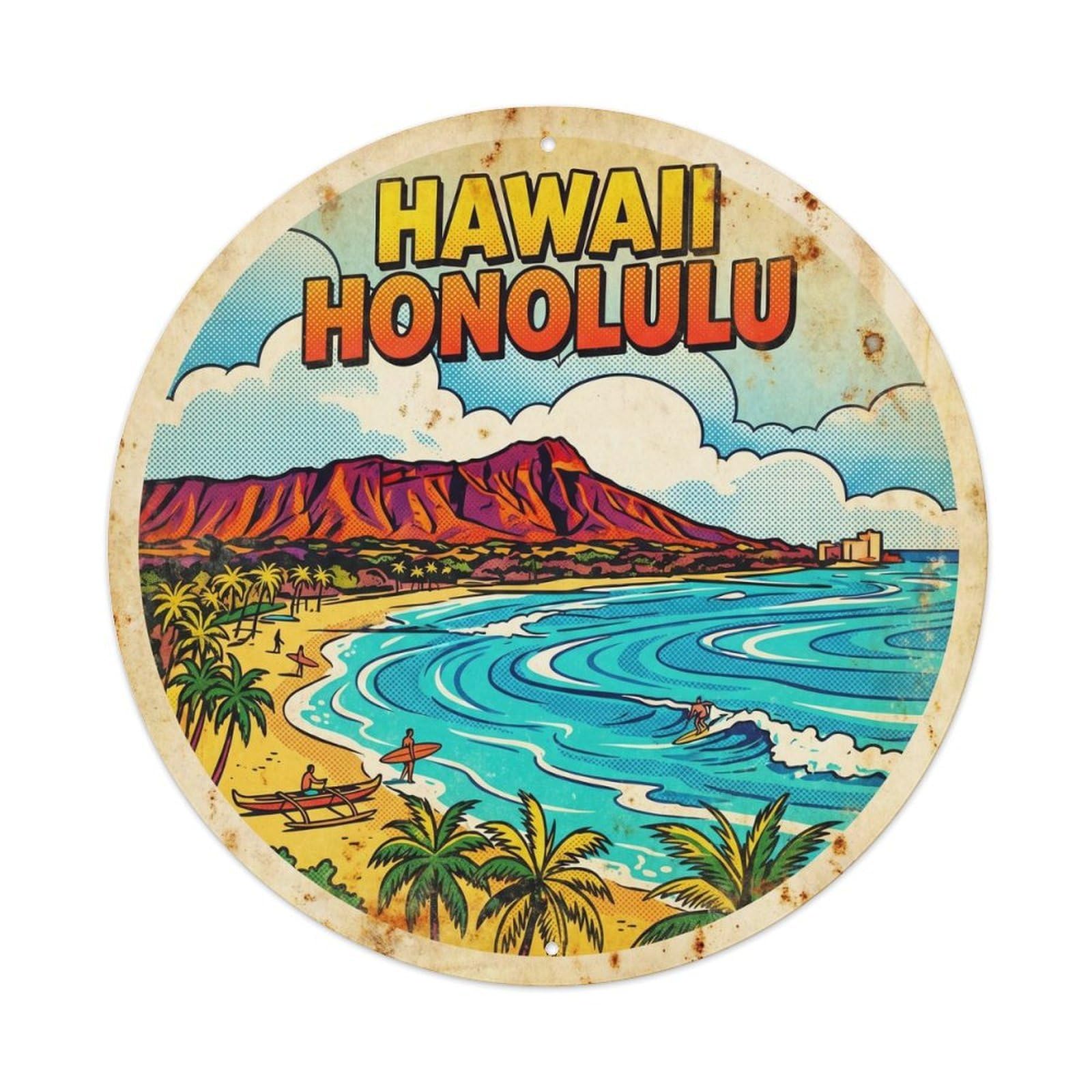 Hawaii Honolulu Beach Destination Bold Color Metal Tin Sign