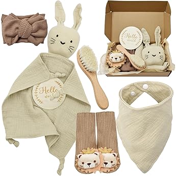 Baby Comforter Blanket Baby Gift Girl Boy Personalised Gift Newborn with Comforter Bib Turban Milestone Cards Brushes and Socks Khaki