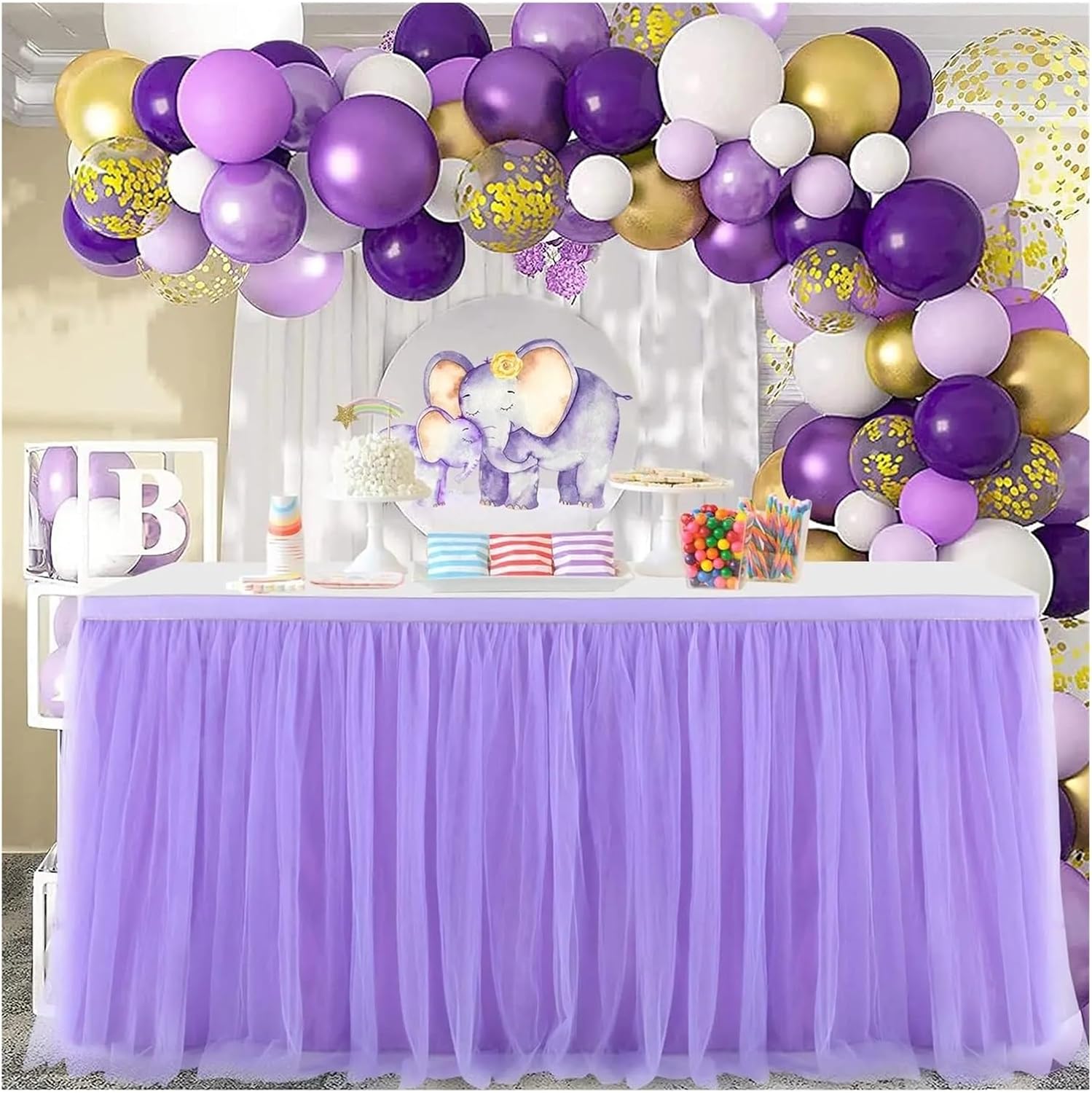 Party Table Skirt Table Skirt for Birthday Party Tutu Cloths for Weddings Shower Bridal Dessert Cake Decorations(Purple,14FT 427 X 78cm)