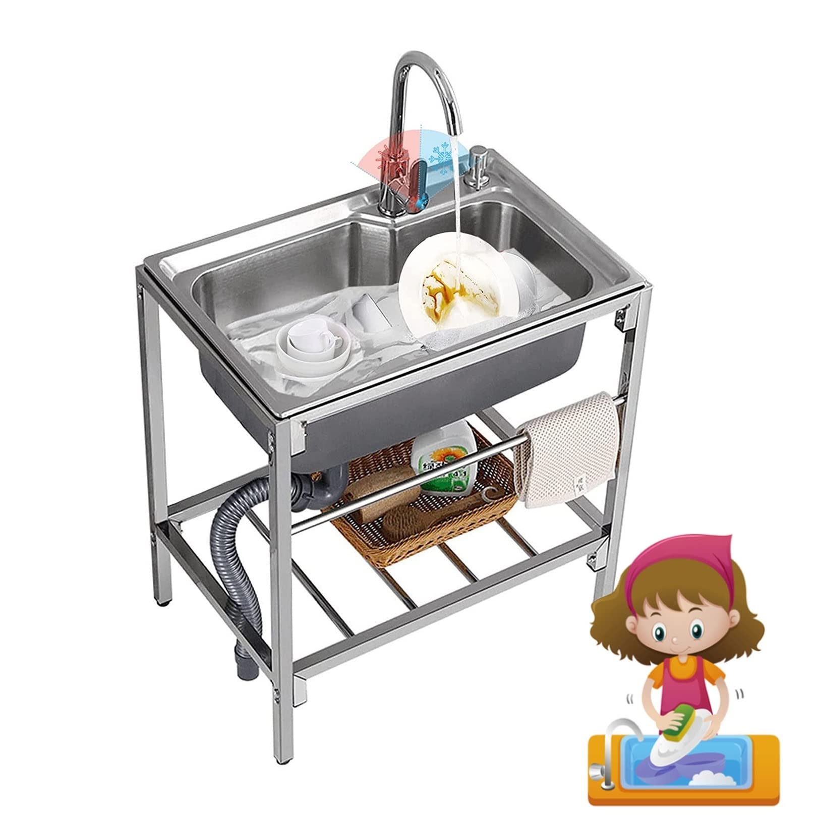 Fregadero Portatil,Mueble Fregadero,fregadero de pie libre Fregadero de cocina de acero inoxidable comercial,Con Agua Fria y Caliente Grifo, para Garaje, Jardín, Cocina, Lavadero (Color : Single cold