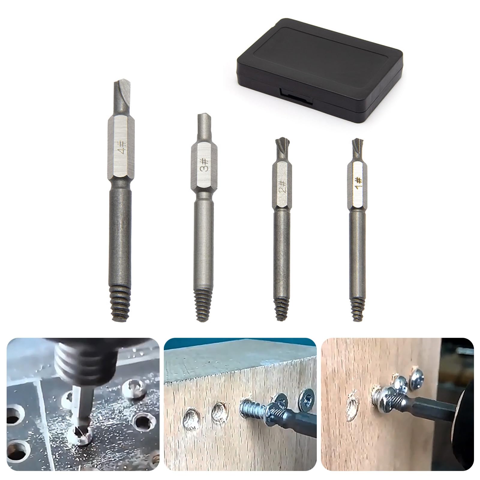 Juego de 4 extractores de Tornillos dañados, Kits Pelados para Tornillos dañados, Juego de extensión, Soporte, Adaptador de Enchufe, Extractor de Tornillos