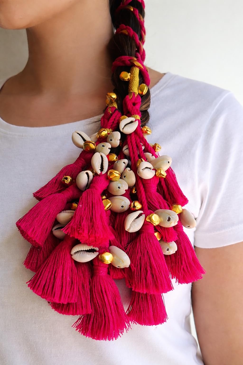 Zippy Flora Jiya Parandi, Handmade Boho Paranda, Cotton Hair Extension with Ghoongru & Shells for Women (Dark Pink)-image-33