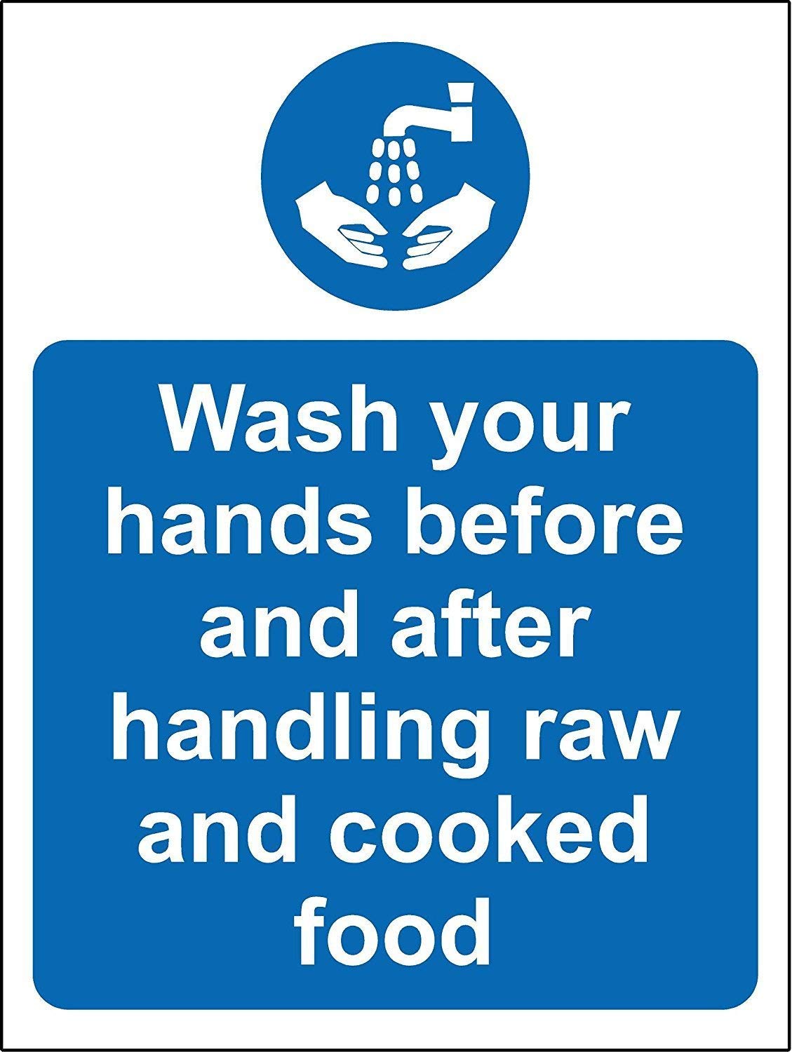 Kpcm Display Ltd Hygiene Catering Wash Your Hands Before And After Handling Raw And Cooked Food Safety Sign - 1.2Mm Rigid Plastic 200Mm X 150Mm