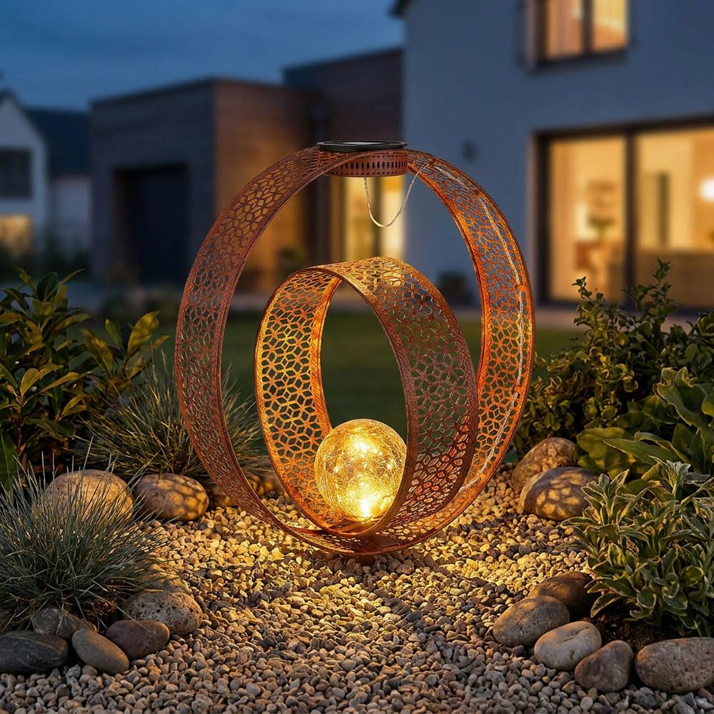 2x Solarleuchte mit Metallstanzungen und Glaskugel, Rost Höhe 42cm
