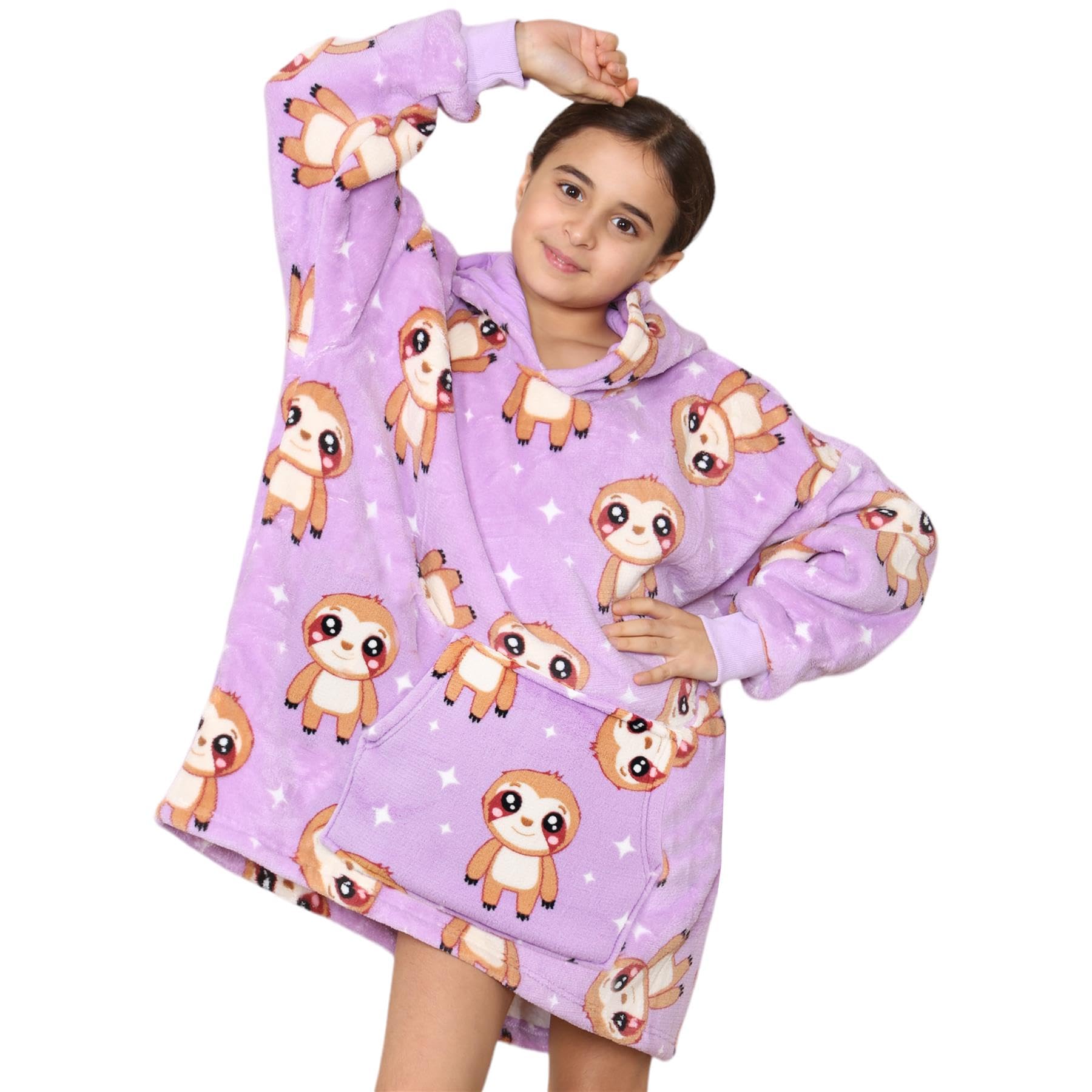 A2Z 4 Kids Girls Boys Oversized Hoodie Animal Blanket Super Soft Warm Fleece - Snuggle 926 Sloth Lilac Kids Long