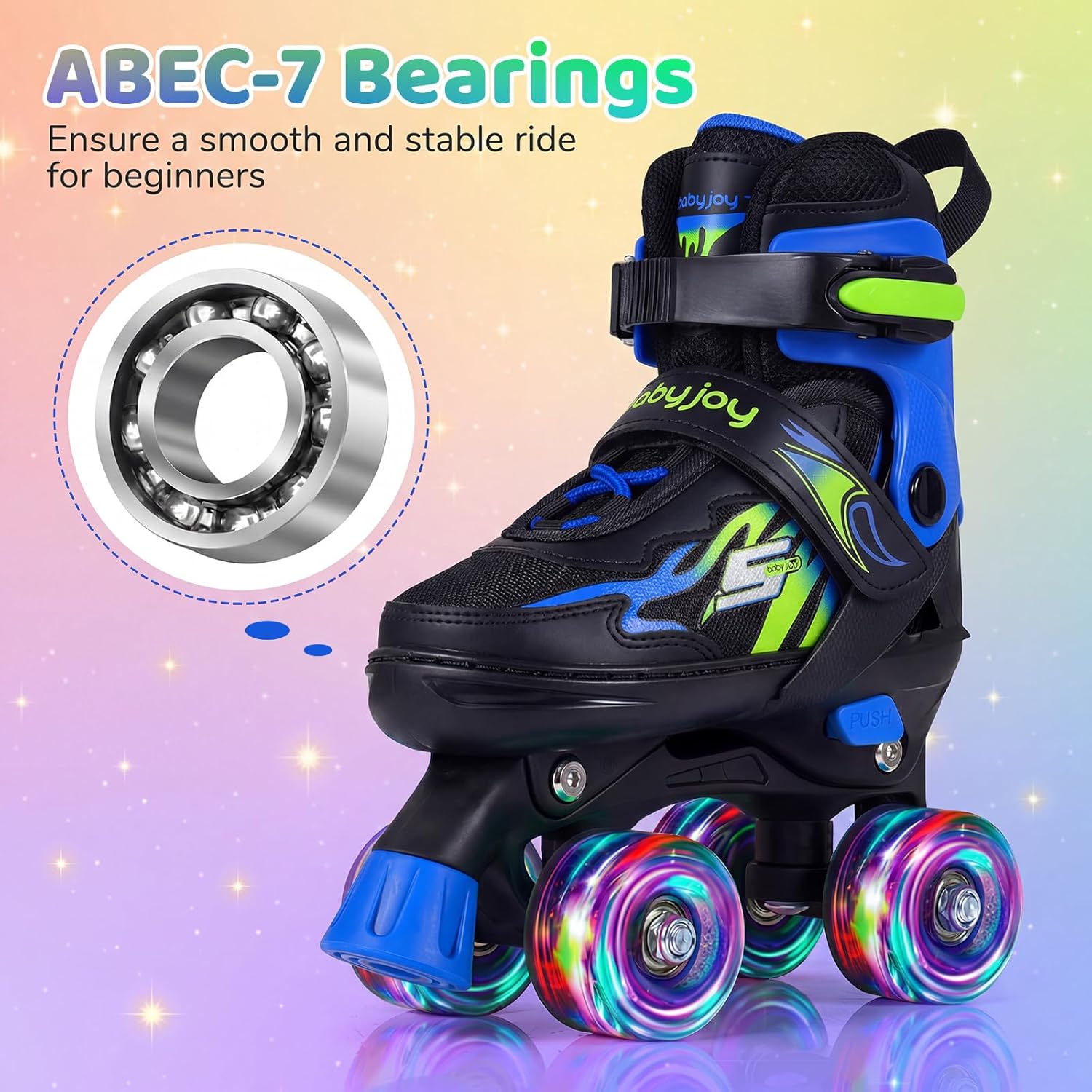 BABY JOY Roller Skates, 4 Sizes Adjustable Quad Skates for 5-14 Years Old Boys Girls Teens with Light-up Wheels & Safety Protection, Fun Illuminating Kids Skates