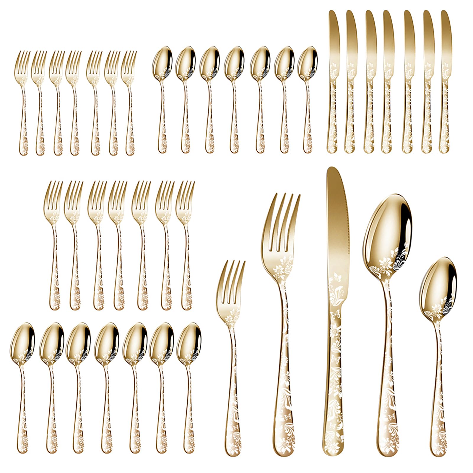 Walmeck JUEGO DE CUBIERTOS DE ACERO INOXIDABLE CUBIERTOS PULIDO ESPEJO 40PCS PARA COCINA RESTAURANTE FIESTA (Oro)