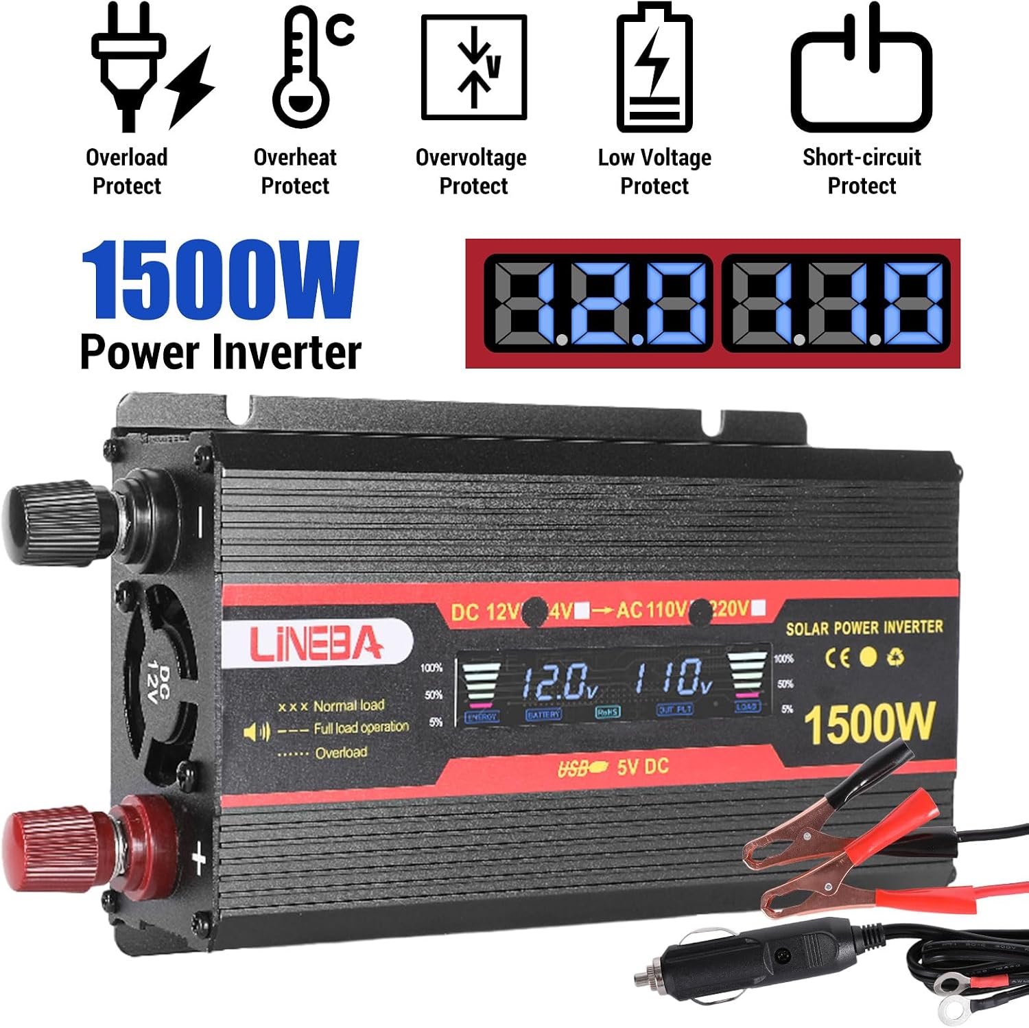 1500 Watt Power Inverter with LED Display,Dual AC Outlets,USB Port, 12V DC to 110V AC Converter Car Power Inverter for Vehicles, Car, RV, Truck, Off Grid Solar System, Outdoor Camping