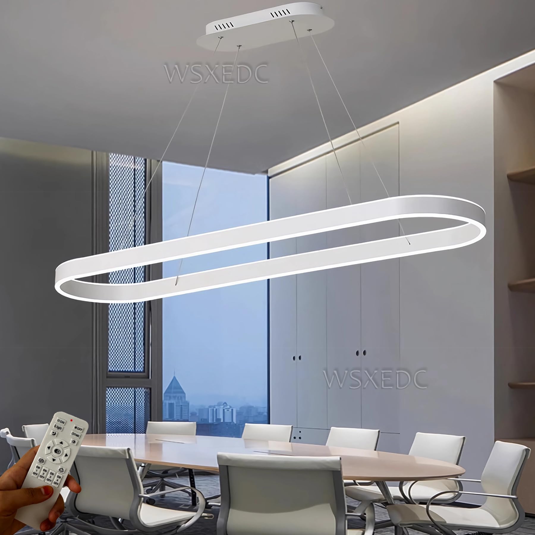 WSXEDC Dimmable White LED Pendant Lights Oval Dining Table lamp Modern Dining Room Chandelier Remote Controls Height Adjustable Lighting Studio Hanging lamp Office Ring Living Room lamp L120cm 110W