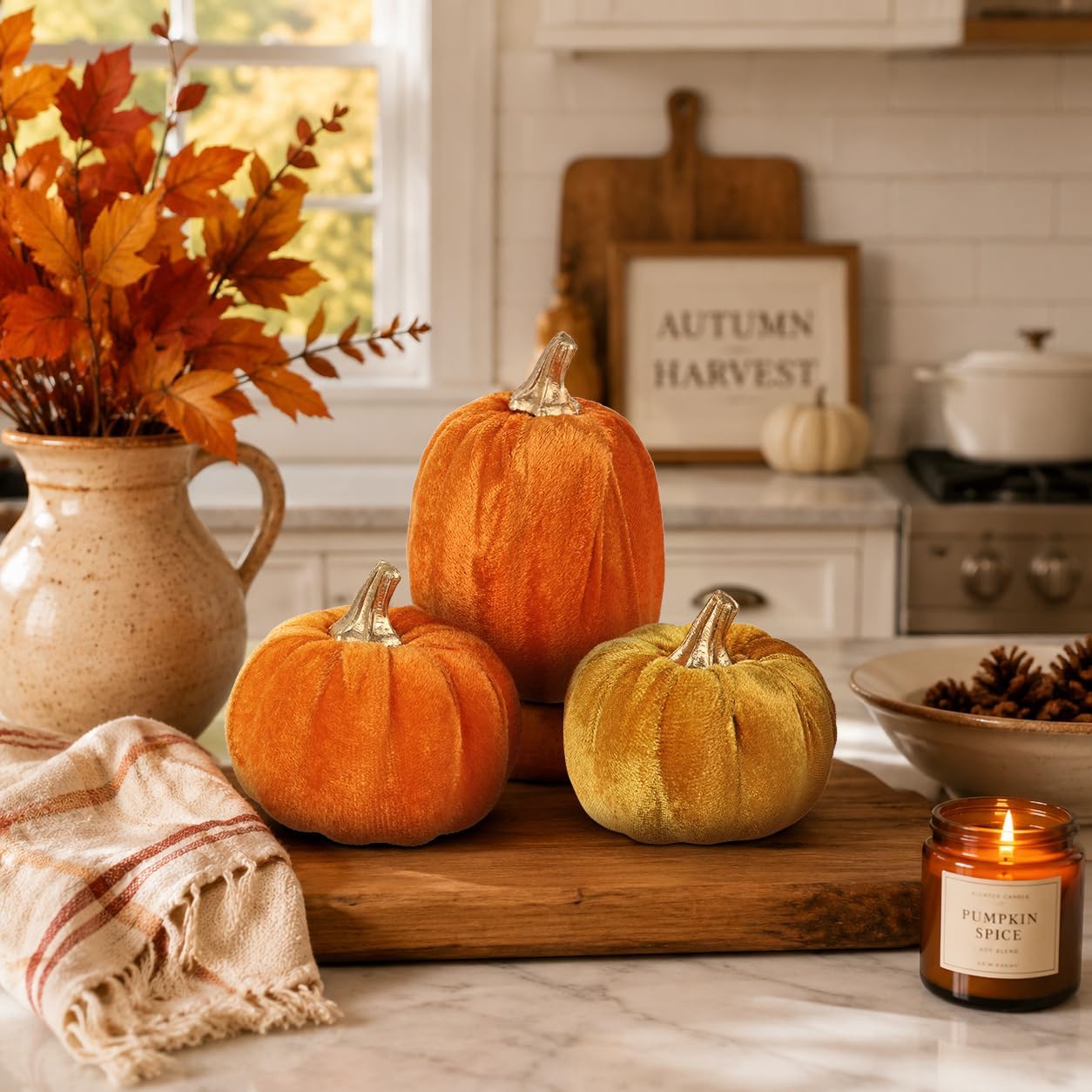 Artificial Mini Velvet Pumpkins Fall Decor - 3 PCS Faux Fabric Foam Orange Pumpkins DIY Decorative for Autumn Harvest Table Centerpieces Farmhouse Halloween Thanksgiving Wedding Home Decorations