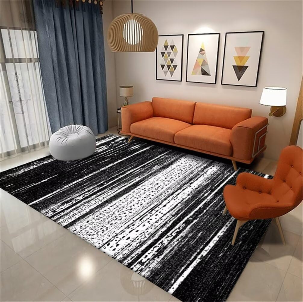 Tapis de salon 100x150cm noir à rayures lavable en machine pour couloir et chambre ado