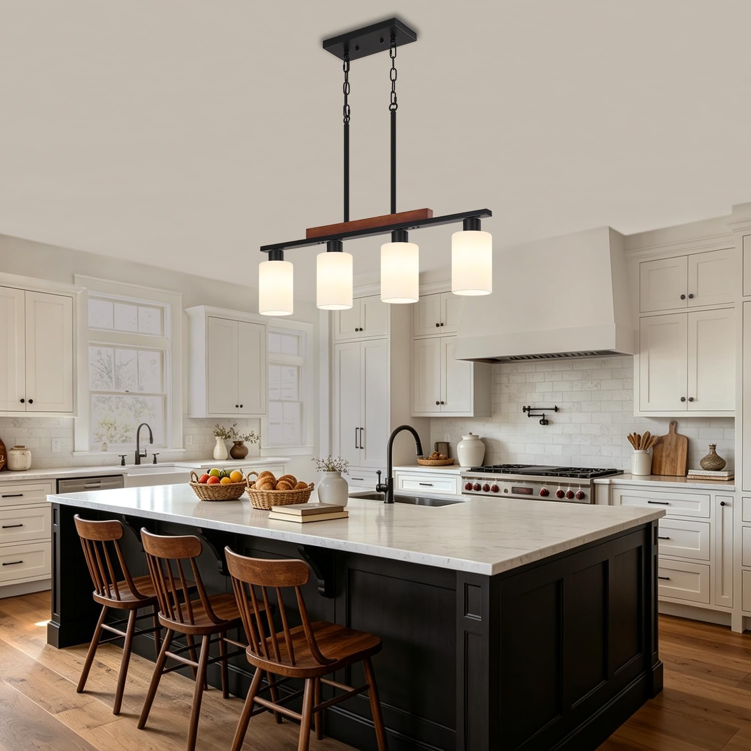 TOULMJ 4-Light Farmhouse Linear Chandelier for Dining Room Light Fixture | Modern Frosted Glass Kitchen Island Lights Pendant Light Wood Black Metal Chandelier Adjustable Height Dimmable E26 Base