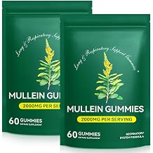 2 Bag Mullein Gummies for Lungs Cleanse, 2000mg Mullein Leaf Extract for Respiratory & Digestive & Immune Support, Natural Mullein Herbal Supplement, 120 Gummies