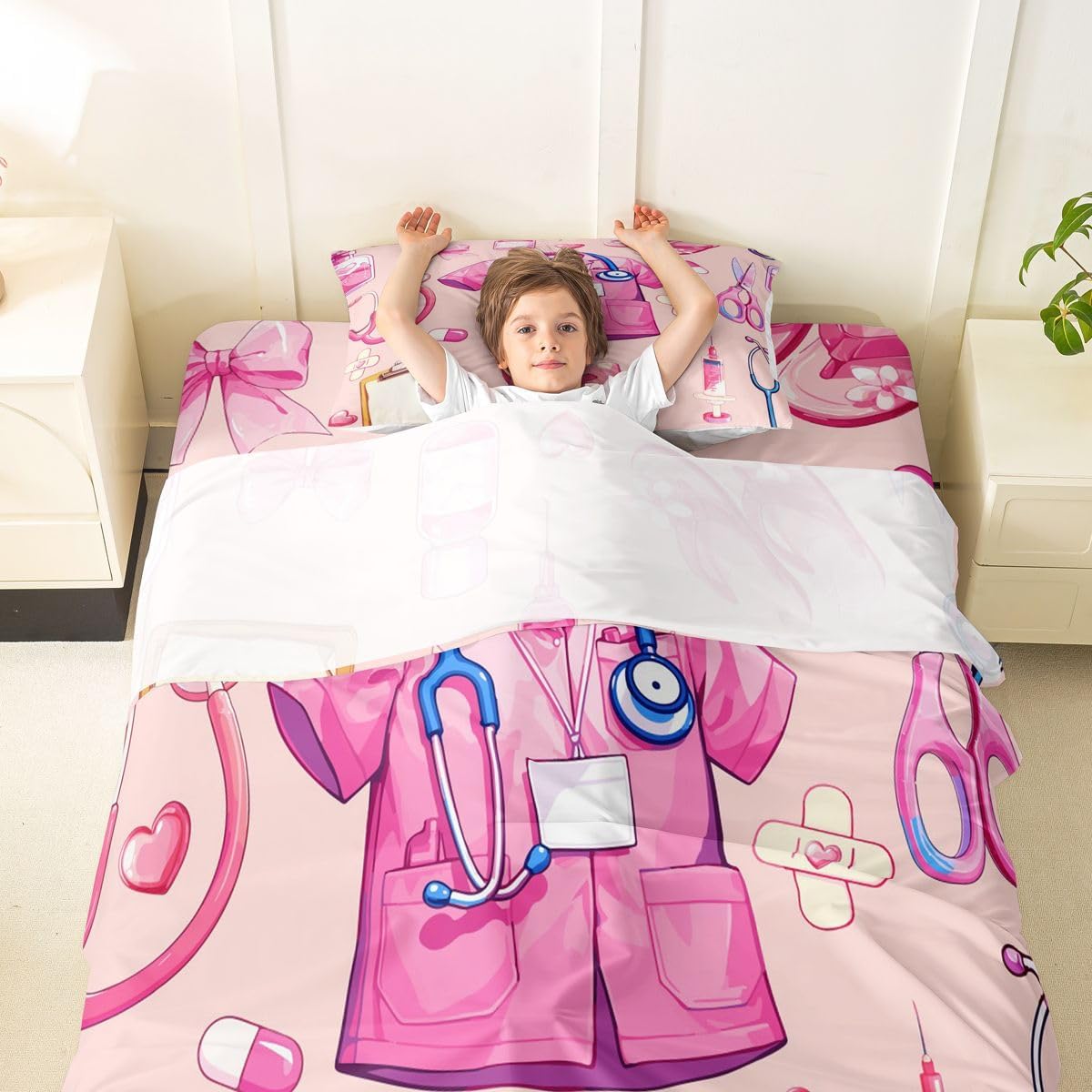 Erosebridal Pink Coquette Nurse Sheet Set Nursing Twin Sheets Set for Toddler Boys,Cute Medical Uniform & Stethoscope with Bow Pattern Nurses & Healthcare Workers Fitted Sheet
