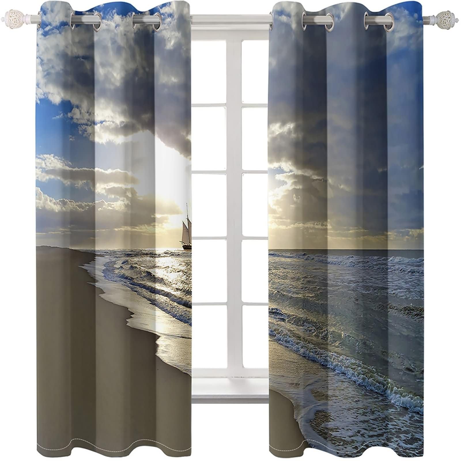 Lot de 2 Rideaux Cuisine Occultant Thermique,2 x 137W x 183H CM,Rideau à Oeillets Paysage de Plage et Bateau Rideaux de Fenêtre Balcon Bleu Blanc Gris