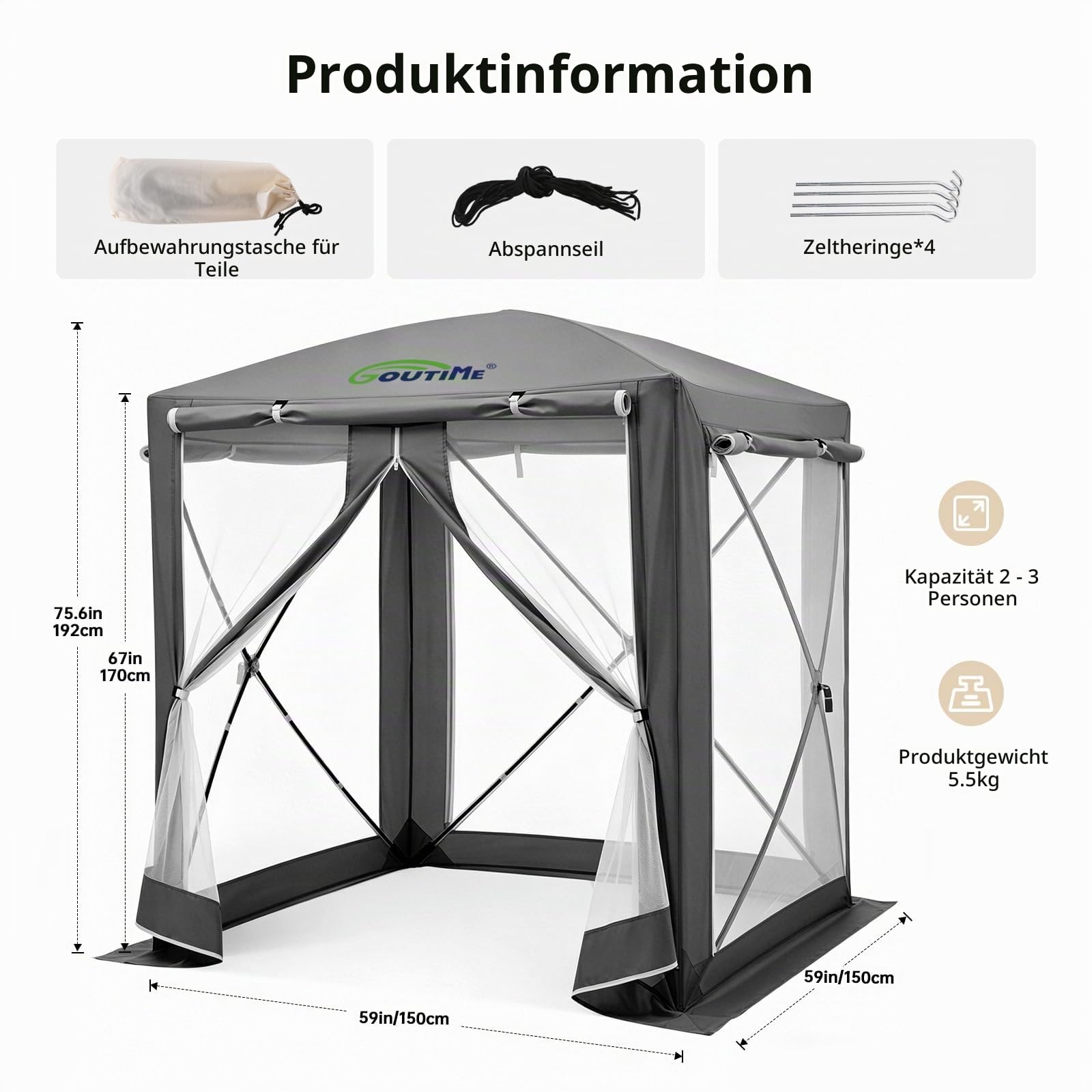 Goutime Falt- & Pop-Up-Pavillon 1,5 x 1,5 m, wasserfest mit Fliegengitter