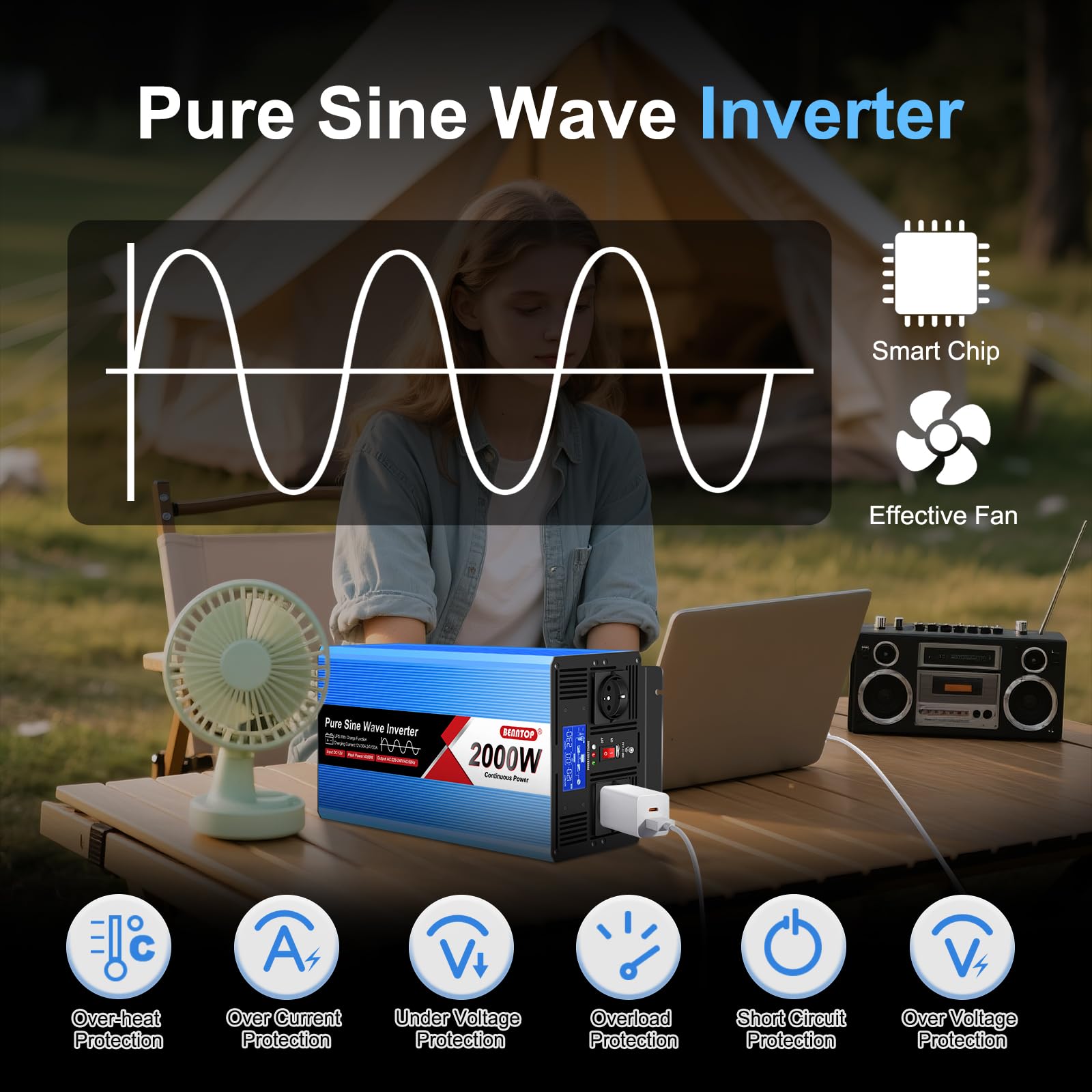2000/4000W Inverter 12V 220V onda pura | UPS Senza interruzioni, corrente di carica da 30 A, LCD Intellgent & porta USB, 2 EU per Camper, Casa, Emergenze