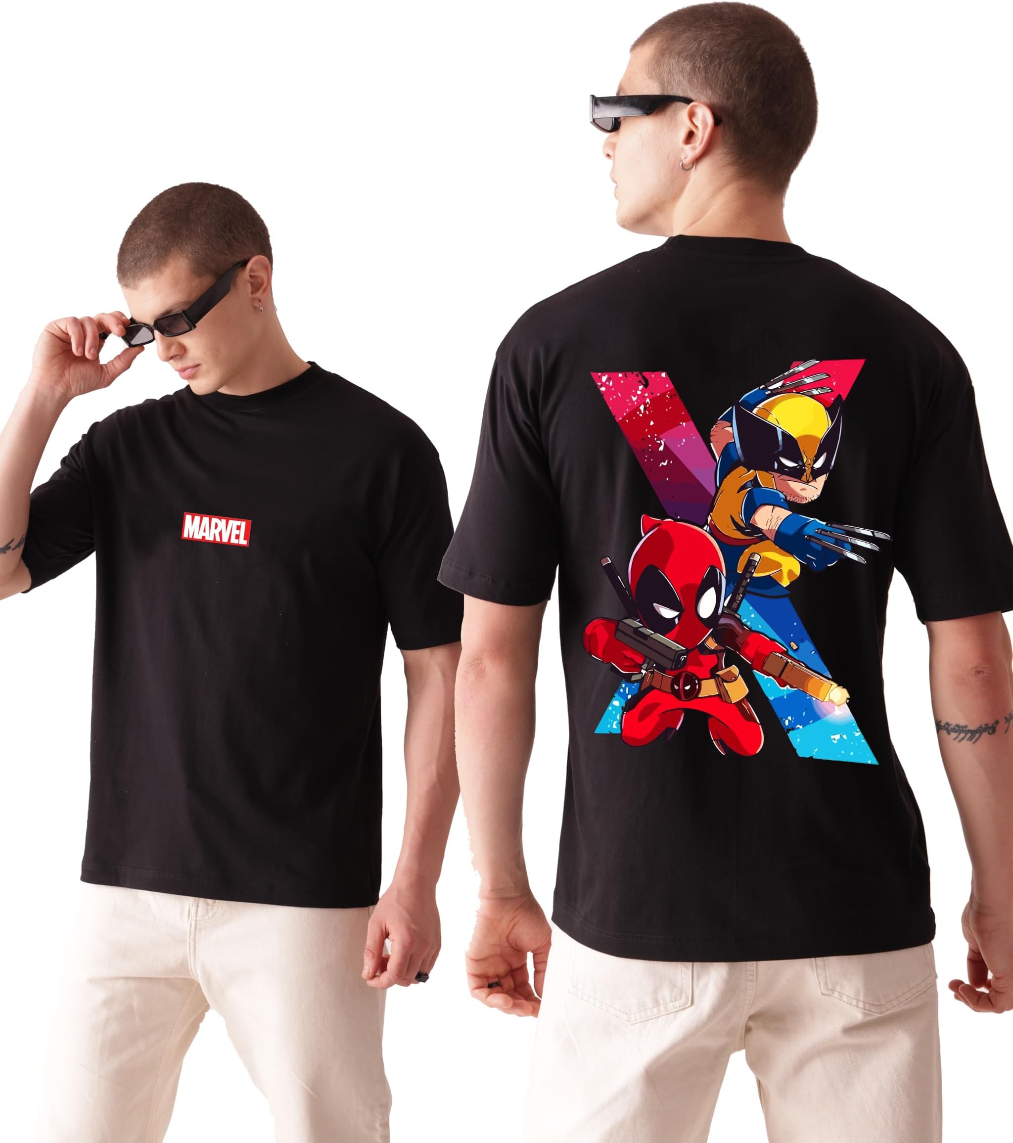 Starton Apparel100% Cotton Marvel's Deadpool & Wolverine Graphic Printed T-Shirt, Oversized Fit, Front & Back Print, for Men & Boys