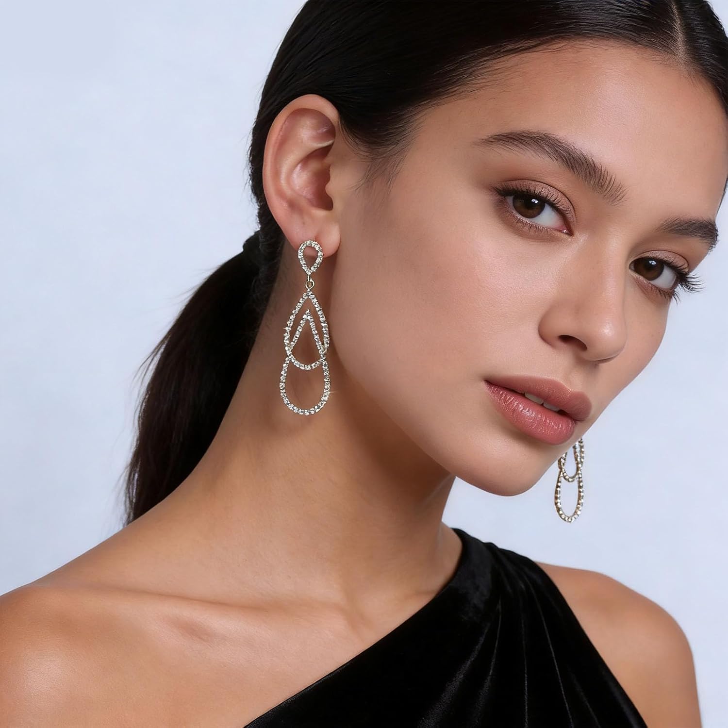 Boho Rhinestone Teardrop Dangle Earrings Gold Cz Teardrop Stud Earrings Crystal Teardrop Earrings Hollow Waterdrop Earrings Cz Oval Earrings Jewelry for Women - Image 2