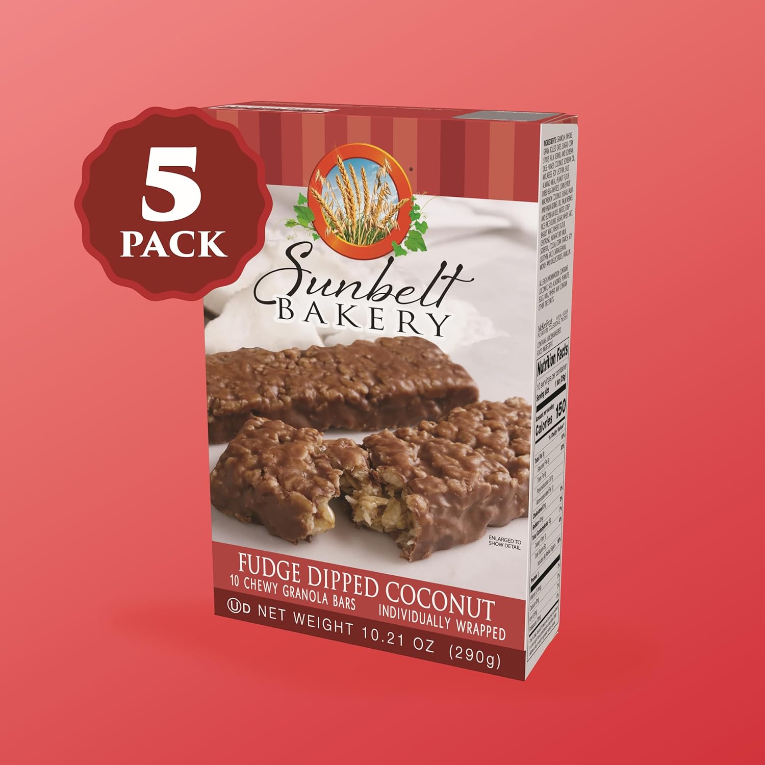 Sunbelt Bakery Fudge Dipped Coconut Chewy Granola Bars, 50 - 1.0 OZ Bars (5 Boxes)