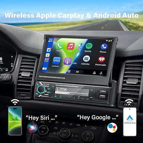 Miniatura 2 de Pantalla estéreo de coche de un solo DIN con Carplay inalámbrico y Android Auto, pantalla abatible de 7 pies estéreo para automóvil con cámara de
