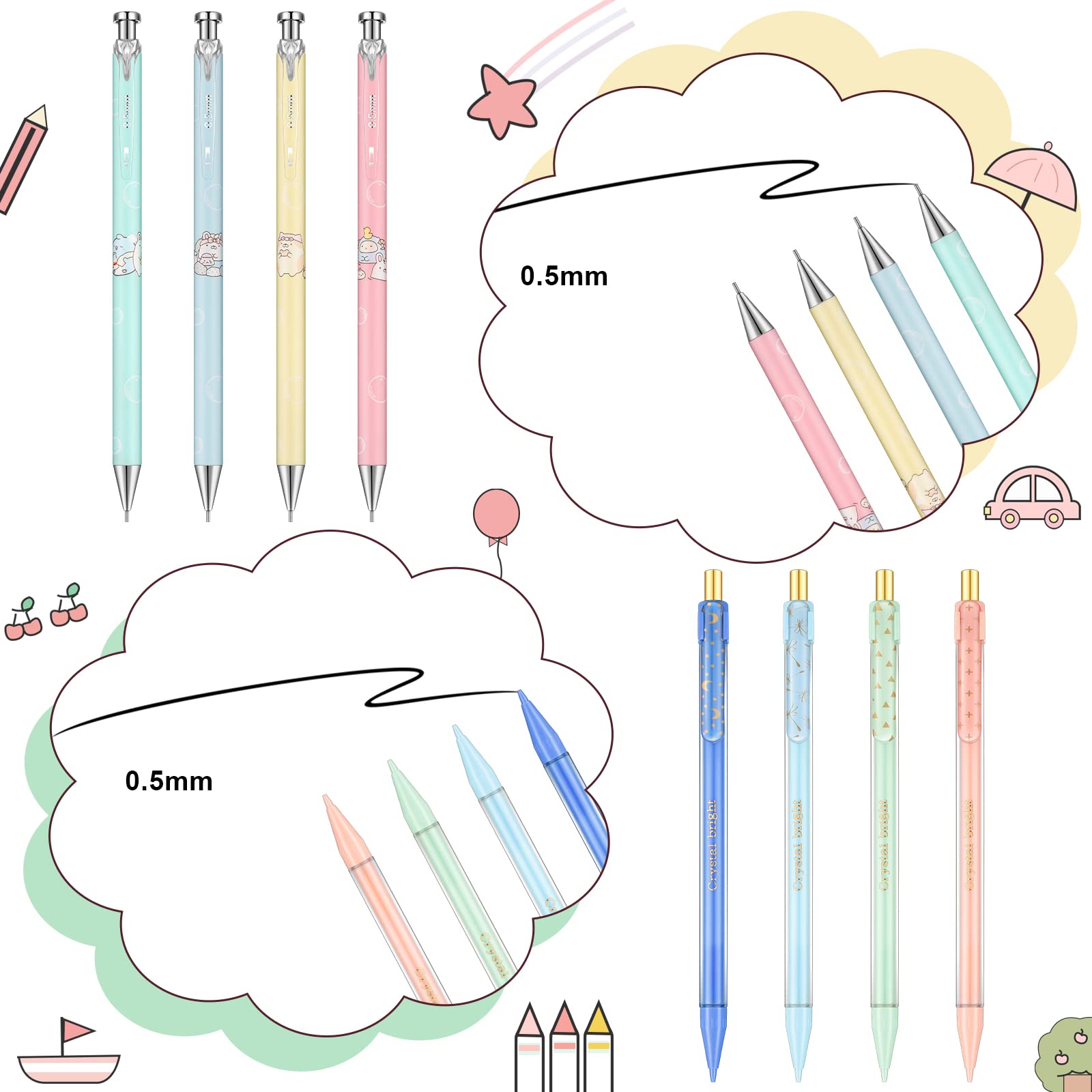 Set Di 6 Matite Meccaniche Kawaii Con Ricariche E Gomme – Simpatiche E Colorate Per Studenti