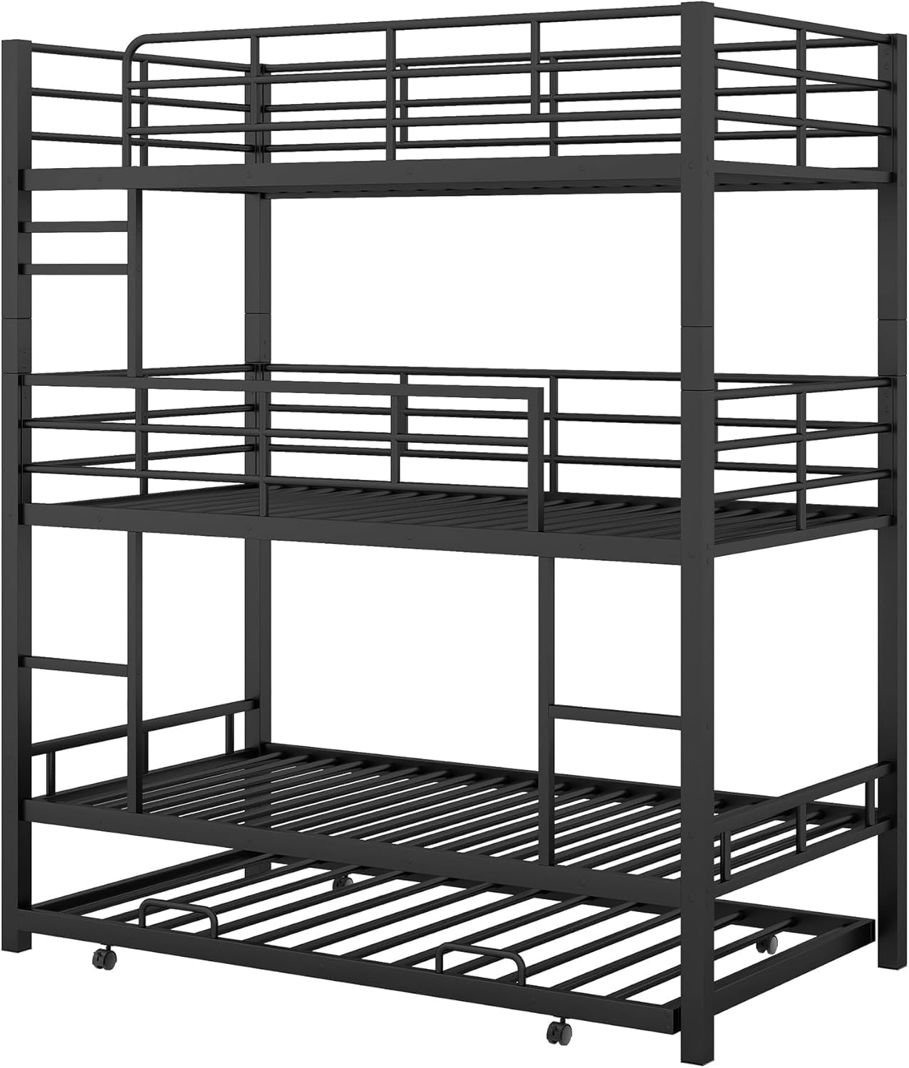 Virubi Twin Over Twin Triple Bunk Bed with Trundle, trundle bed stored underneath.