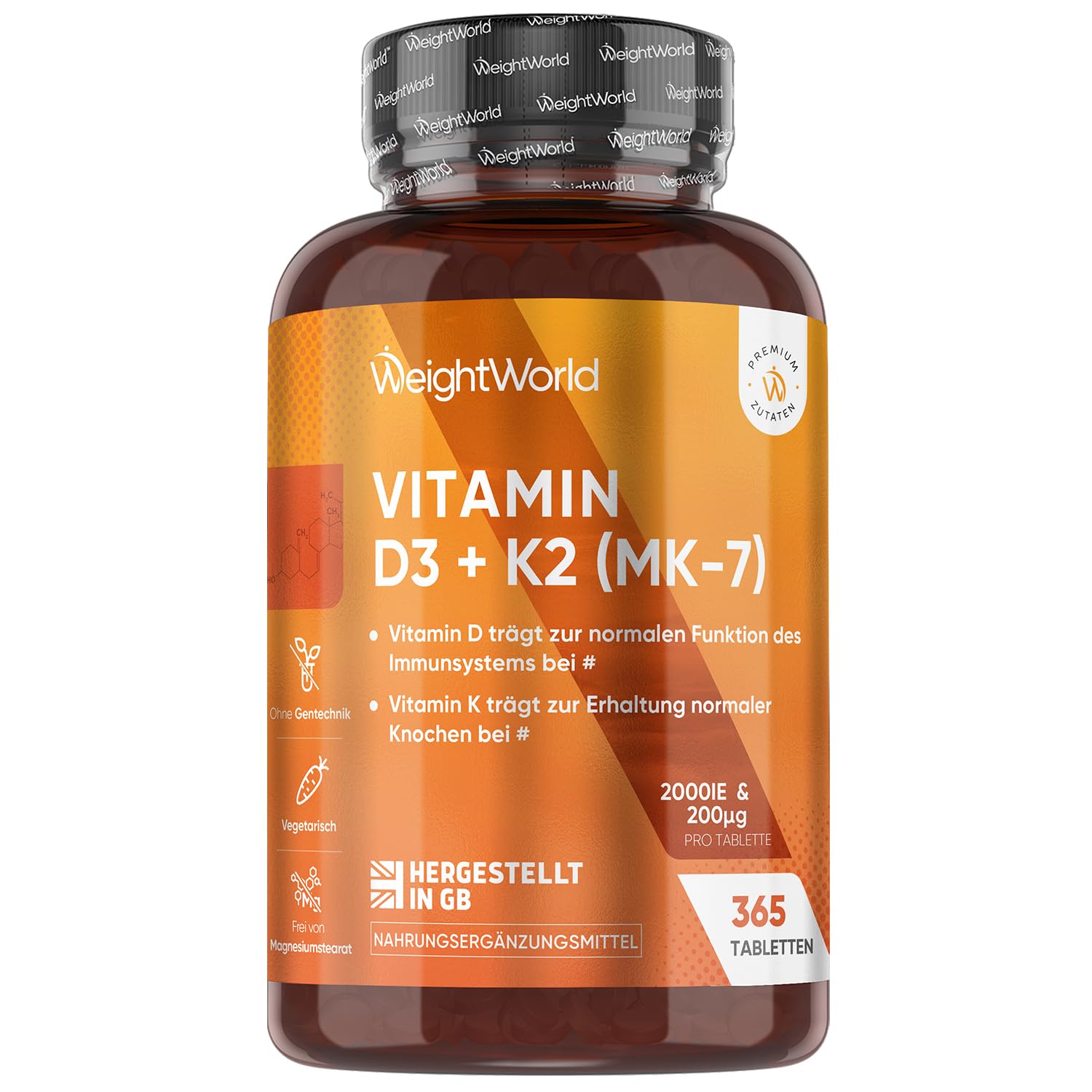 Vitamin D3 K2 2000 IE - 365 Tabletten - 2 Jahr Vorrat - Vitamin D trägt zur Erhaltung normaler Knochen und Muskeln bei (EFSA) - 1 Vit D3 K2 Tablette alle 2 Tage - WeightWorld