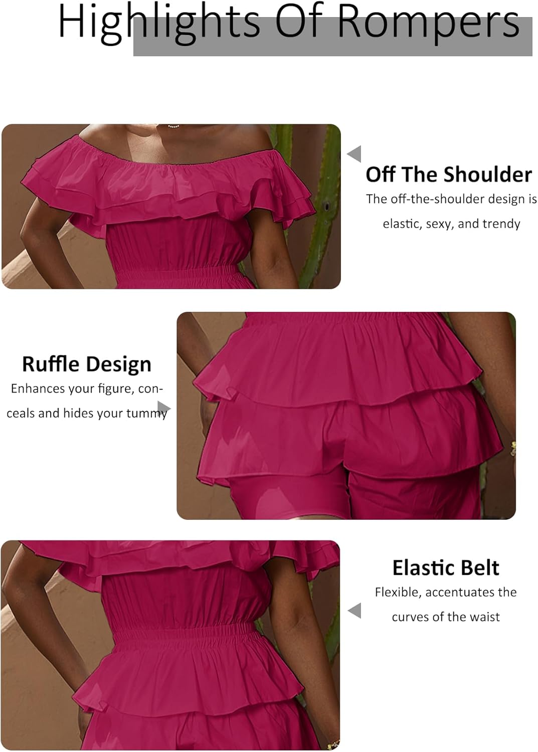 LAJIOJIO Romper for Women Sexy Off the Shoulder Ruffle Hem Pleated Short Jumpsuits - Image 4
