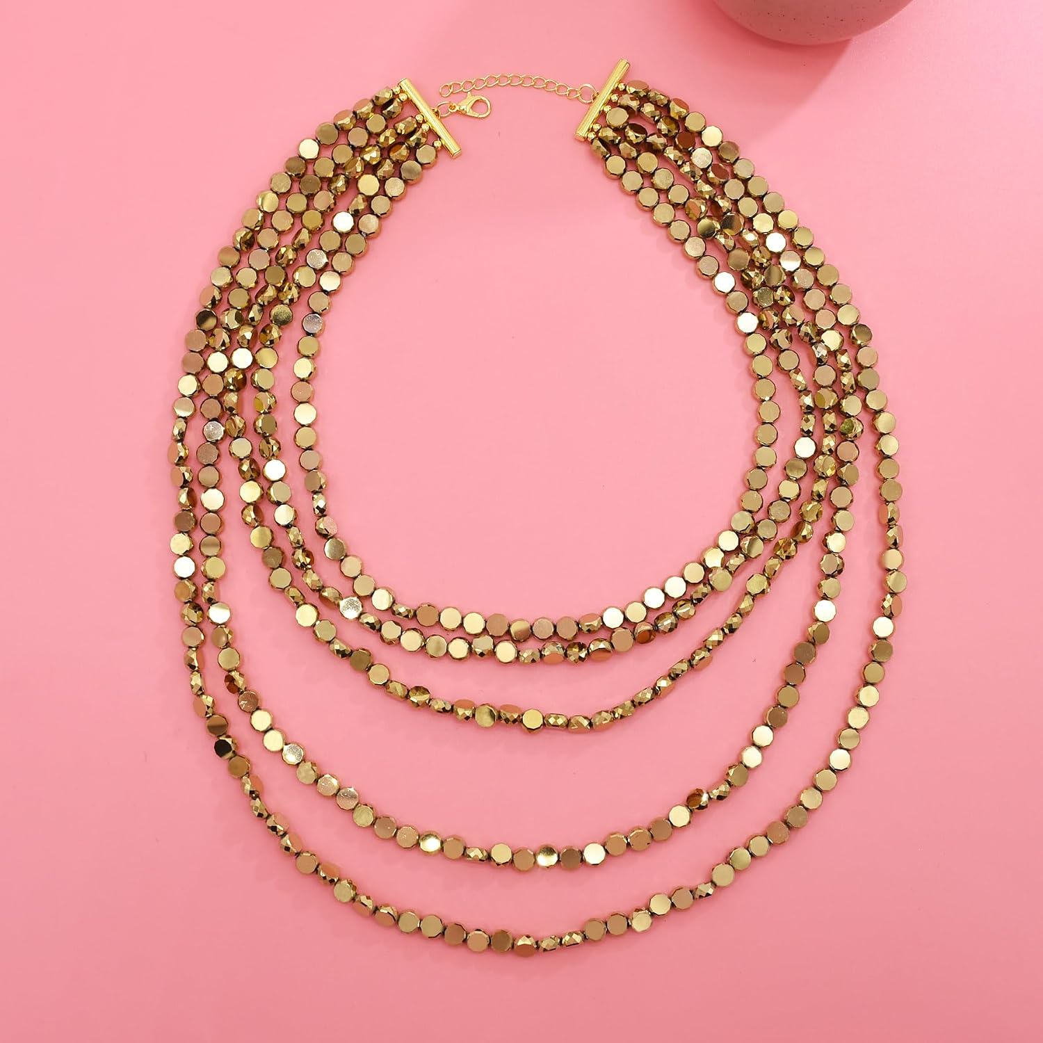 idealway Multi-Strand Gold Beaded Necklace, 5-Layer Cascade Design, Fashion Statement Jewelry
