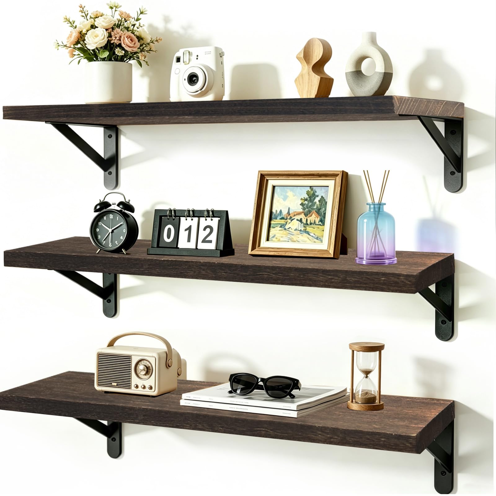 TempFoo Brown Long Shelves for Wall 60cm, Kitchen Wooden Floating Shelf 3pc