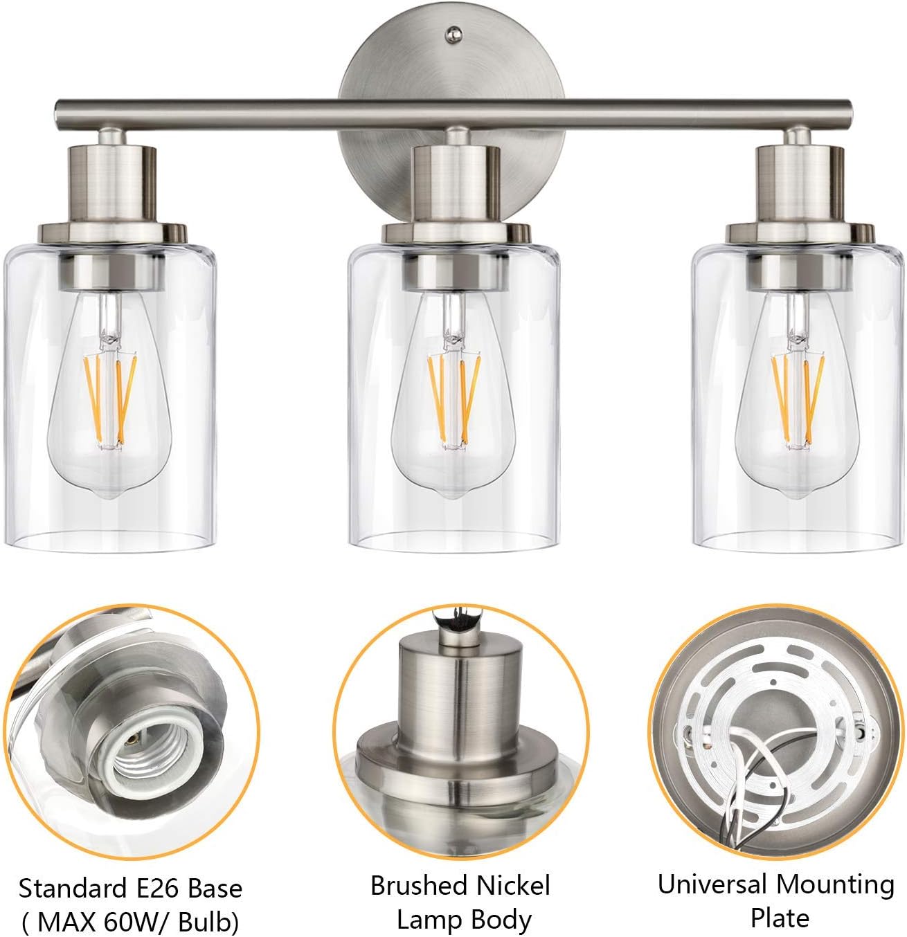 Wall Vanity Light Fixture, 3-Light Wall Sconce Lighting Brushed Nickel, Modern Bathroom Lights with Clear Glass Shade, Vintage Wall Lamp for Mirror Kitchen Living Room Workshop, E26 Base