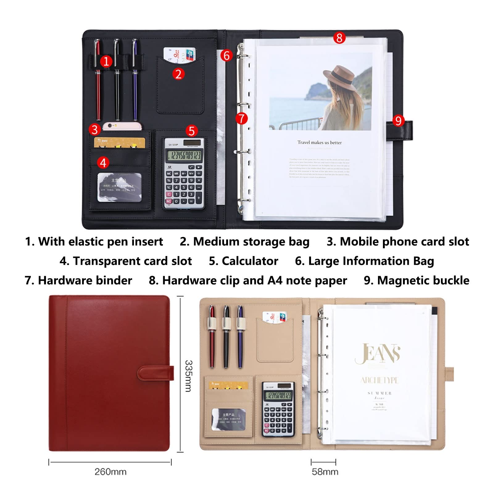 Teczka na dokumenty A4 z PU Leather Folder Konferencyjny Biznes Padfolio Case A4 Teczka Biurowa Organizer dla Mężczyzn Kobiet (Kolor: Brązowy, Rozmiar : Bez Kalkulatora)