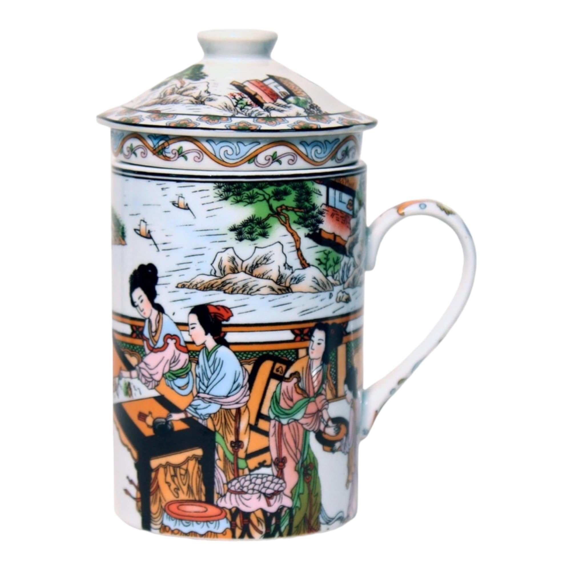 Keramik Teetasse mit Deckel + Sieb für Losen Tee mit Asiatischem Motiv (Mädchen, 047) Japanische Chinesische Tasse Für Teeliebhaber, Porzellan Kaffee Geschenk Set Asien Asia Becher Haferl