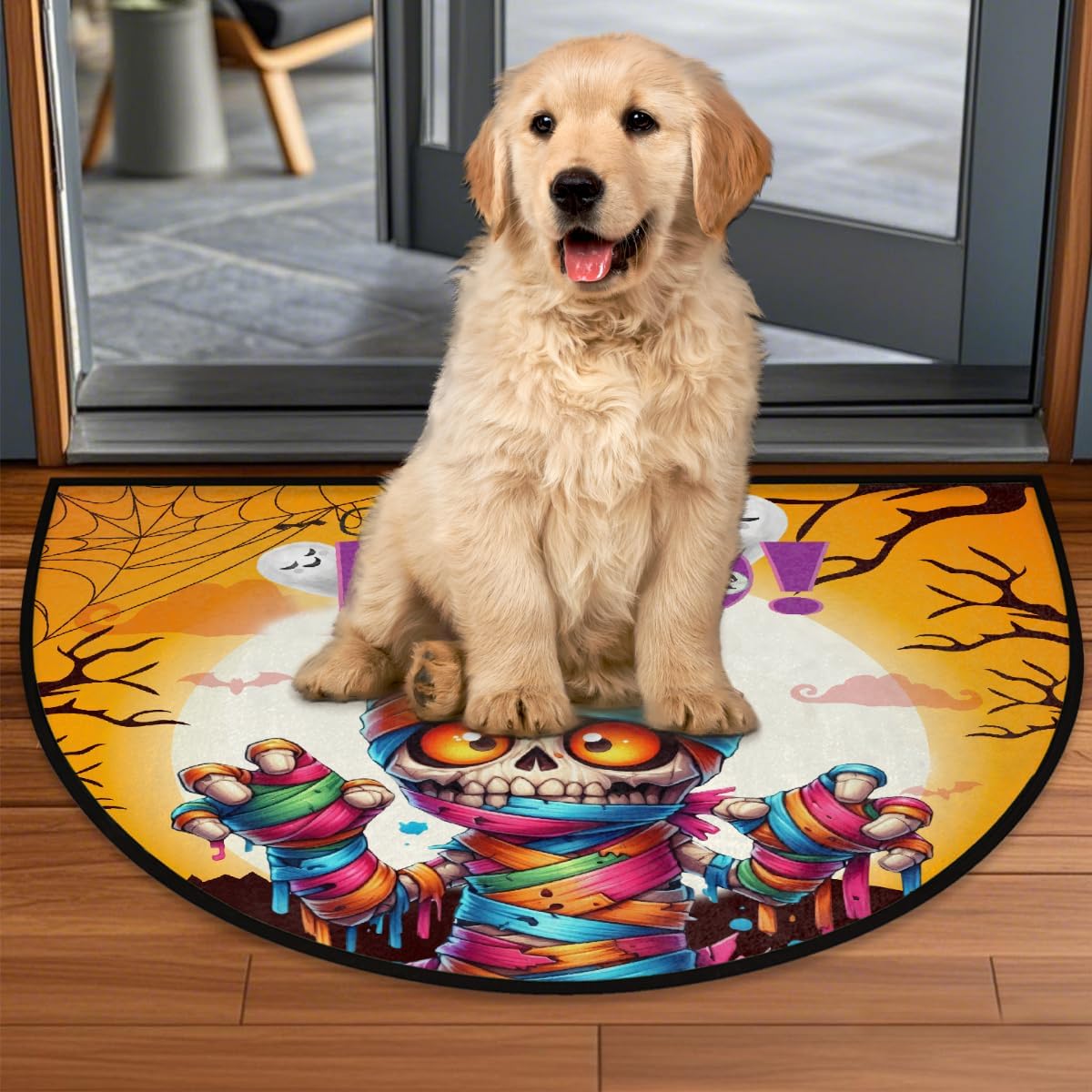 Half Round Door Mat Halloween Mummy Boo Rainbow Half Moon Rug Washable Half Circle Area Rugs Indoor Entrance Non Slip Semi Circle Bathroom Rugs Floor Carpet for Kithen Bedroom Decorate Gift