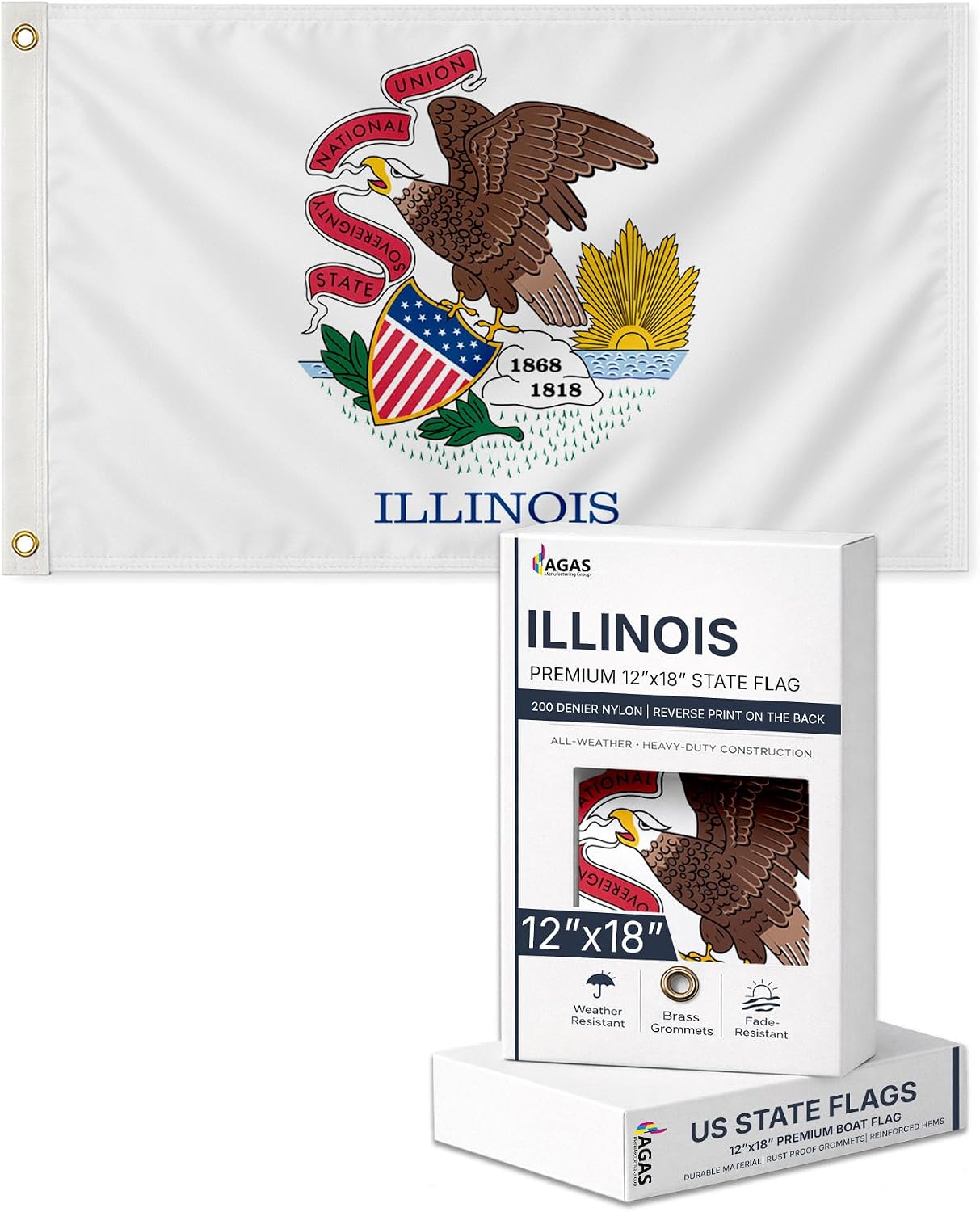 AGAS Small Illinois State Boat Flag 12x18 Inch - Single Ply Reverse Print on Back 200D Nylon 100% Bleed Through - Brass Grommets Fade Proof Vivid Colors - State of Illinois Nautical Flag for Boat or Car