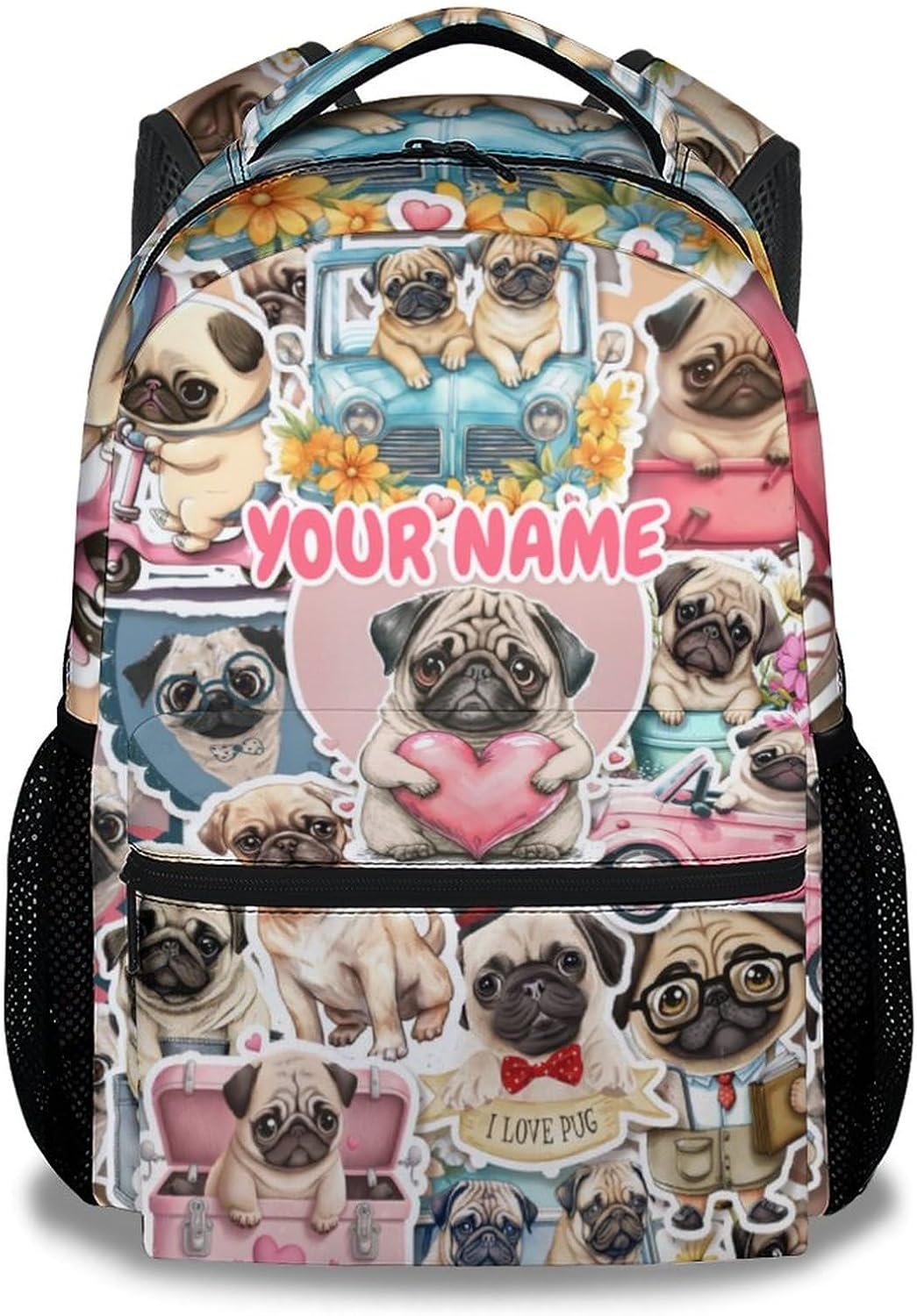 Custom Pug School Backpack for Girls Boys, 16" Puppy Print Black Backpacks for Children Kids Students, Personalized Cute Cartoon Pattern Lightweight Bookbag for Travel