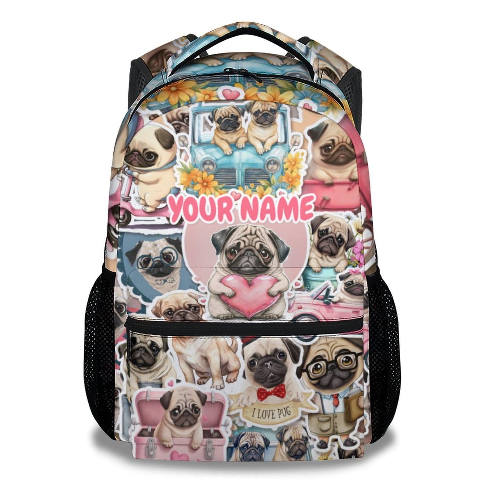 GIHSWE Custom Pug School Backpack for Girls Boys, 16" Puppy Print Black Backpacks for Children Kids Students, Personalized Cute Cartoon Pattern