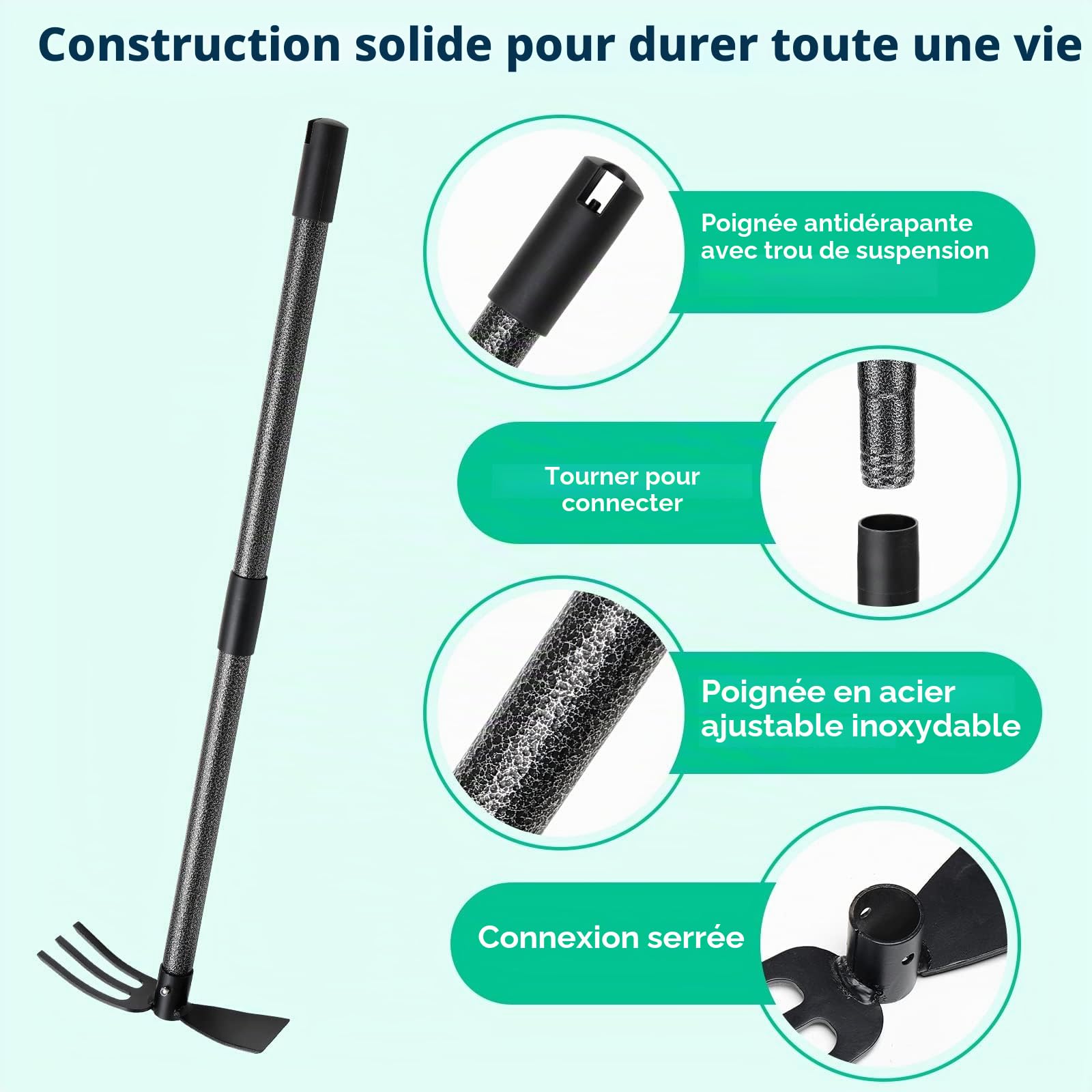 Houe de Jardin avec 2 Griffes, Largeur 114cm, Serfouette Binette Trident de Jardin pour Labourer et Désherber Le Sol, Cultivateur de Jardinage Manuel…