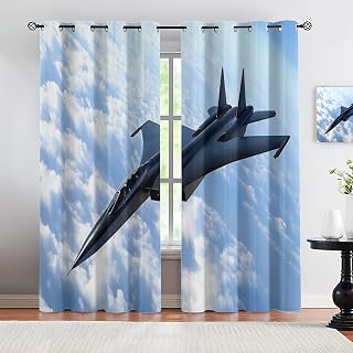 Airplane Blackout Curtains for Bedroom & Home Decor, Fighter Curtains for Living Room, Military Aircraft Window Treatments, Grommet Curtain 108 Inch Long 2 Panels Set