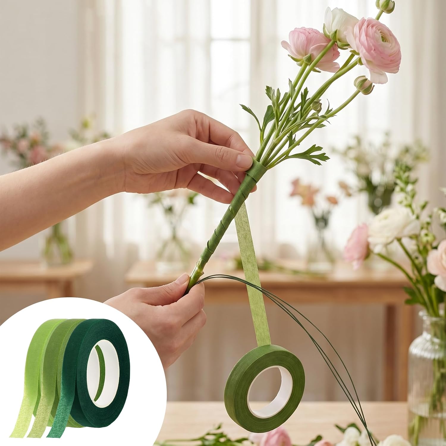 JJUNW 3 Rolls Floral Tape, Green Floral Tapes, Florals Tapes and Wire Kit Florals Arrangement Taped Wraps, Flower Tape for Bouquets Stem Wrap, Craft Projects Corsages, Wedding Bouquet