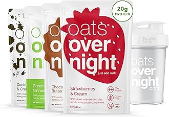Oats Overnight Classic Variety Pack - High Protein, High Fiber Breakfast Protein Shake - Gluten Free Oatmeal, Non GMO Oatmeal - Green Apple Cinnamon, Cookies & Cream & More (8 Pack + Shaker Bottle)