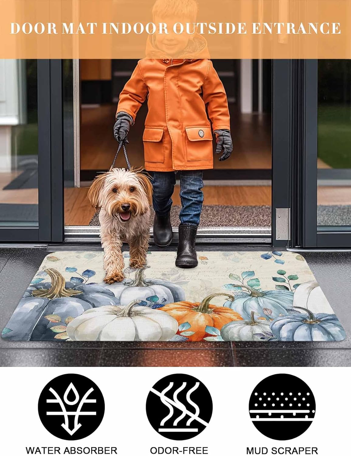 Fall Door Mat Blue Pumpkin Doormat Eucalyptus Leaves Branch Harvest Thanksgiving Welcome Mat Non Slip Rubber Entryway Front Rug Floor Mat for Indoor Outdoor Kitchen Autumn Holiday Home Decor 18x30