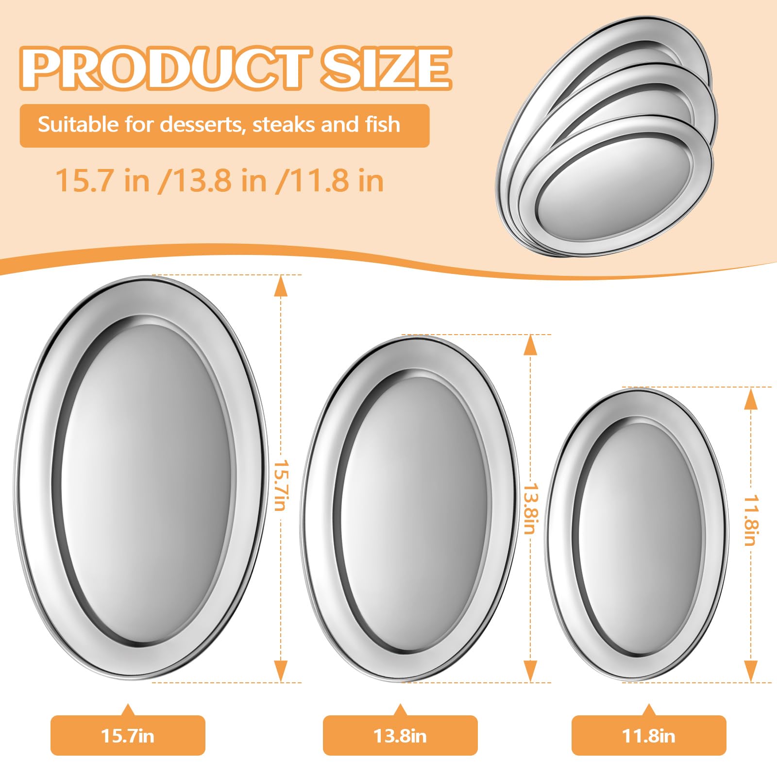 FoldTier Serviertablett aus Edelstahl, groß, oval, strapazierfähig, 3 Stück