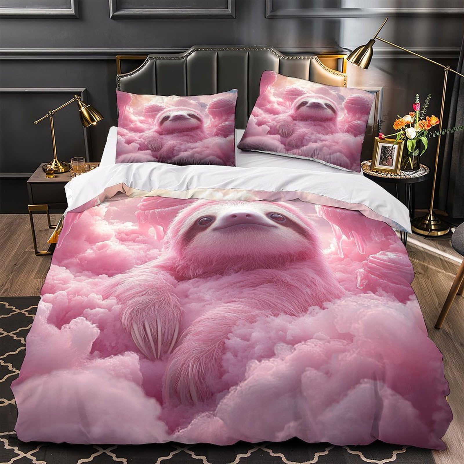 Parure de lit paresseux rose anti-acarien et housse de couette douce pour peau sensible
