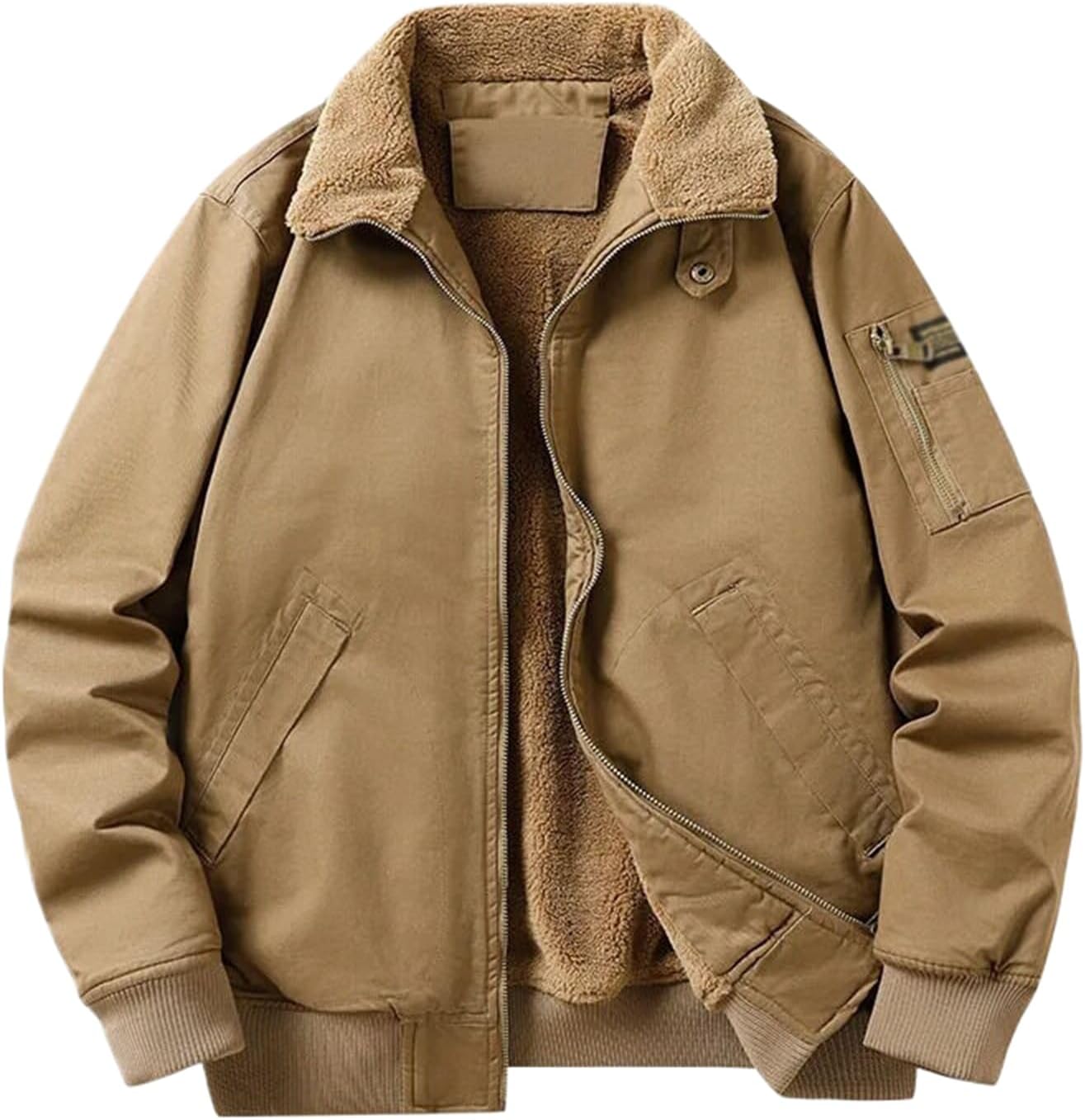 Autumn Winter Men Plush Jacket Vintage Turn Down Collar Zipper Male Cargo Outerwear Thicken Long Sleeve Coat