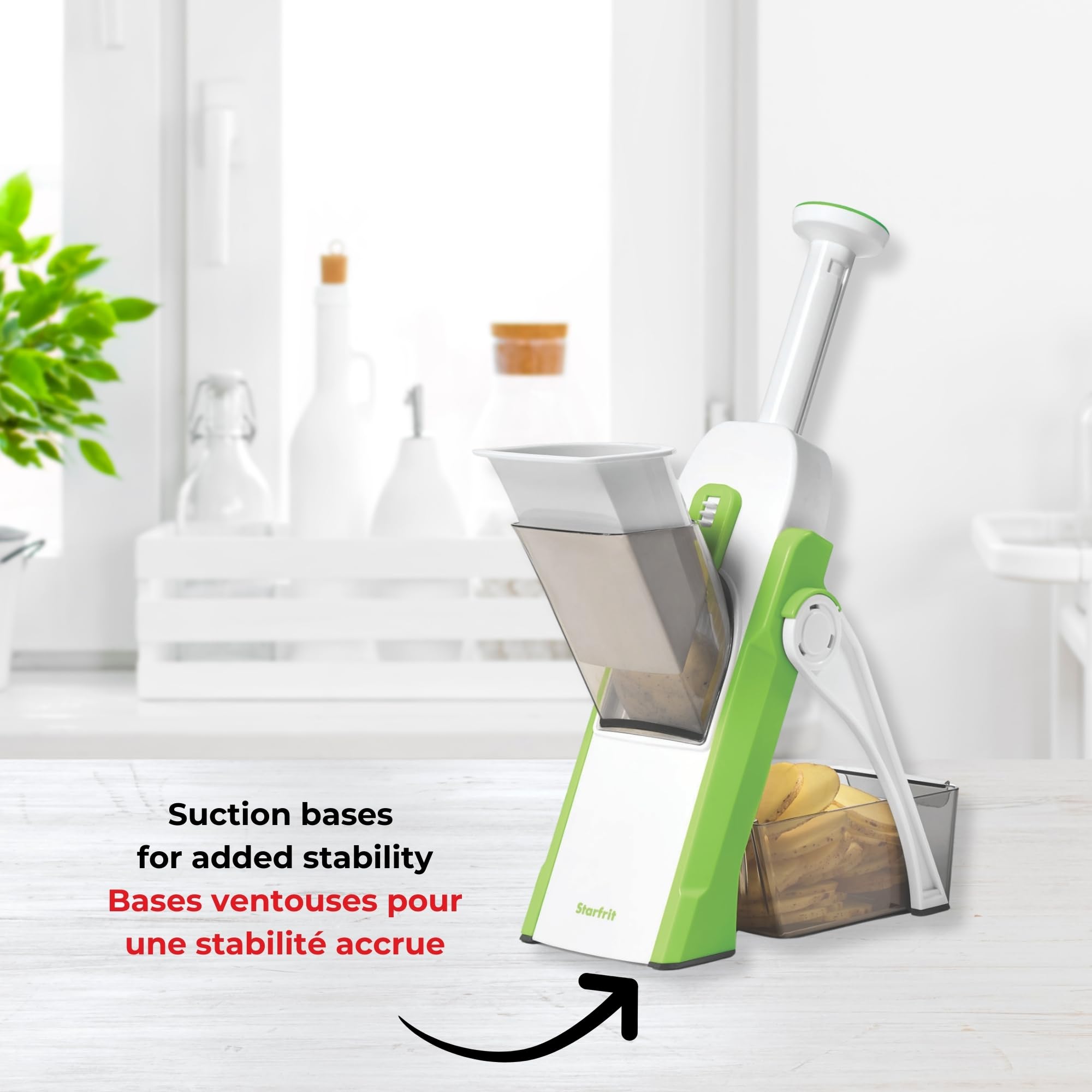 Starfrit Pump'n'Slice - Mandolina vertical, cortador y picador de alimentos, seguro | Cuchillas cerradas seguras. Corte ajustable. Juliana y dados. Ideal para frutas y verduras. Se pliega para almacenamiento.