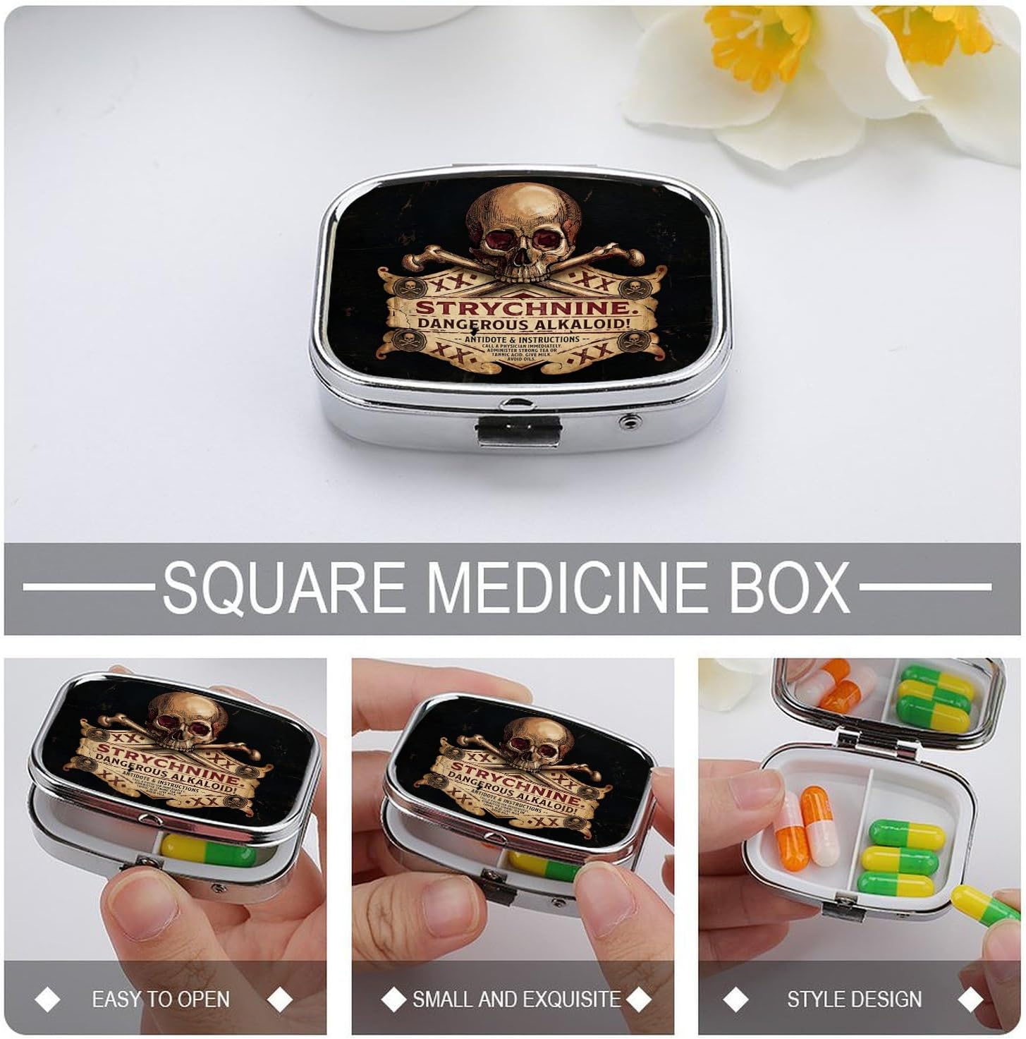Metal Pill Box, Two Compartment Travel Case, Strychnine Skull image 4