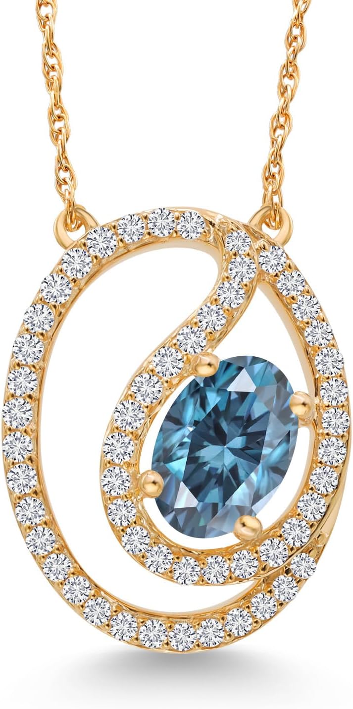 Gem Stone King 10K Yellow Gold Customized and Personalized 6X4MM Oval Gemstone Birthstone and White Lab Grown Diamond Pendant Necklace For Women with 18 Inch Chain